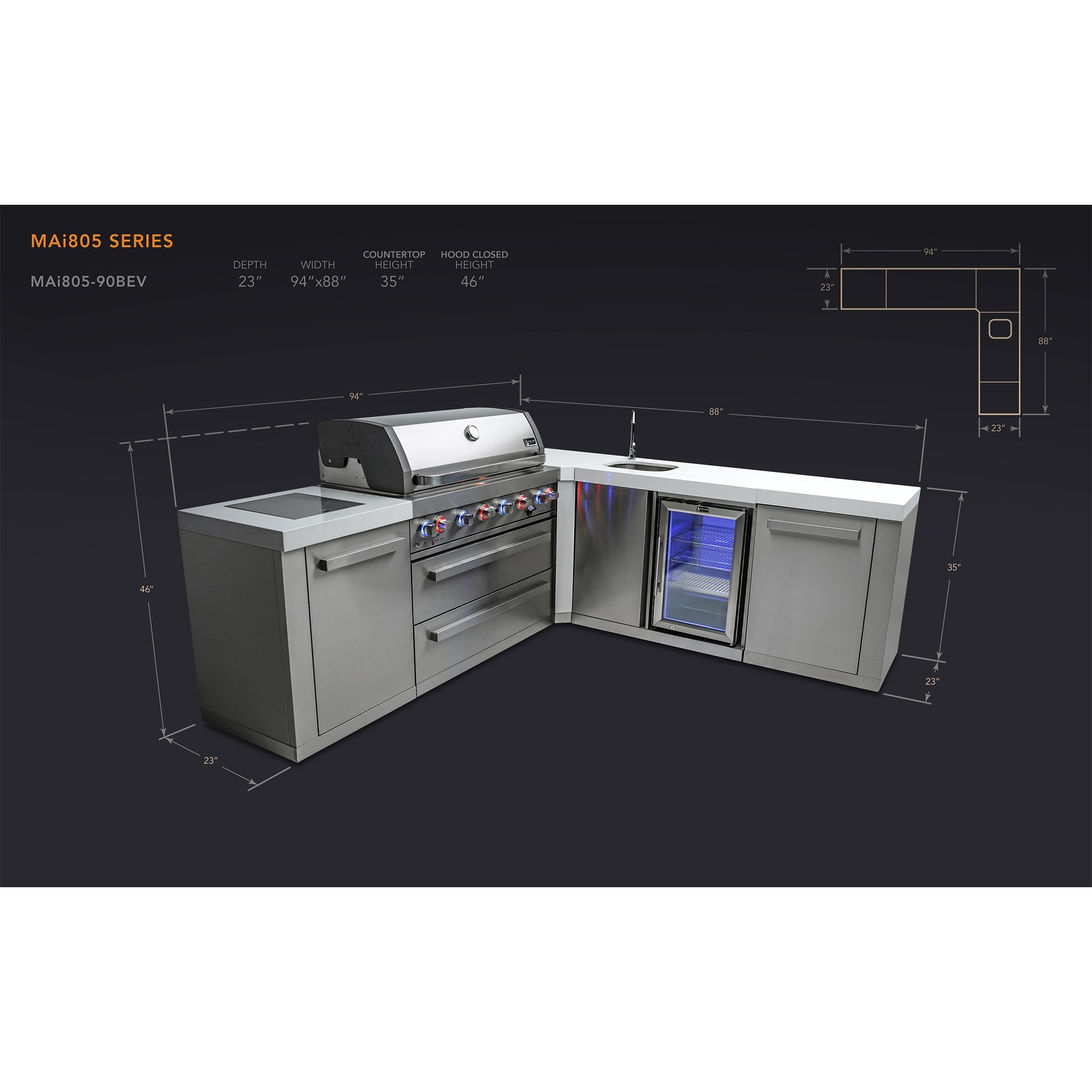 805 Original Stainless Steel 6-Burner Outdoor Kitchen Island with 90 Degree Corner and Beverage Center