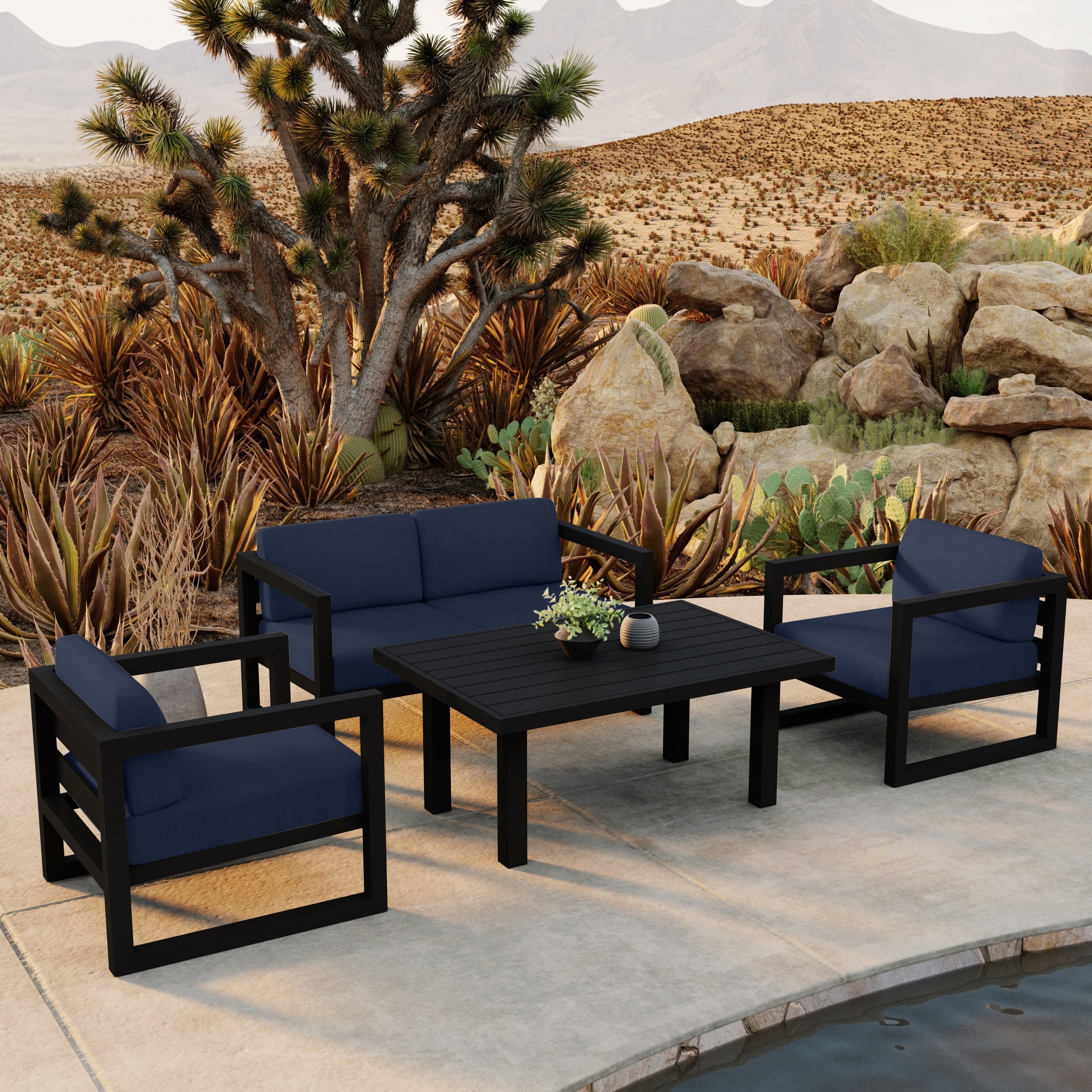 Avion Classic 4 Piece Aluminum Loveseat Set#Finish_Black#Fabric_Spectrum Indigo