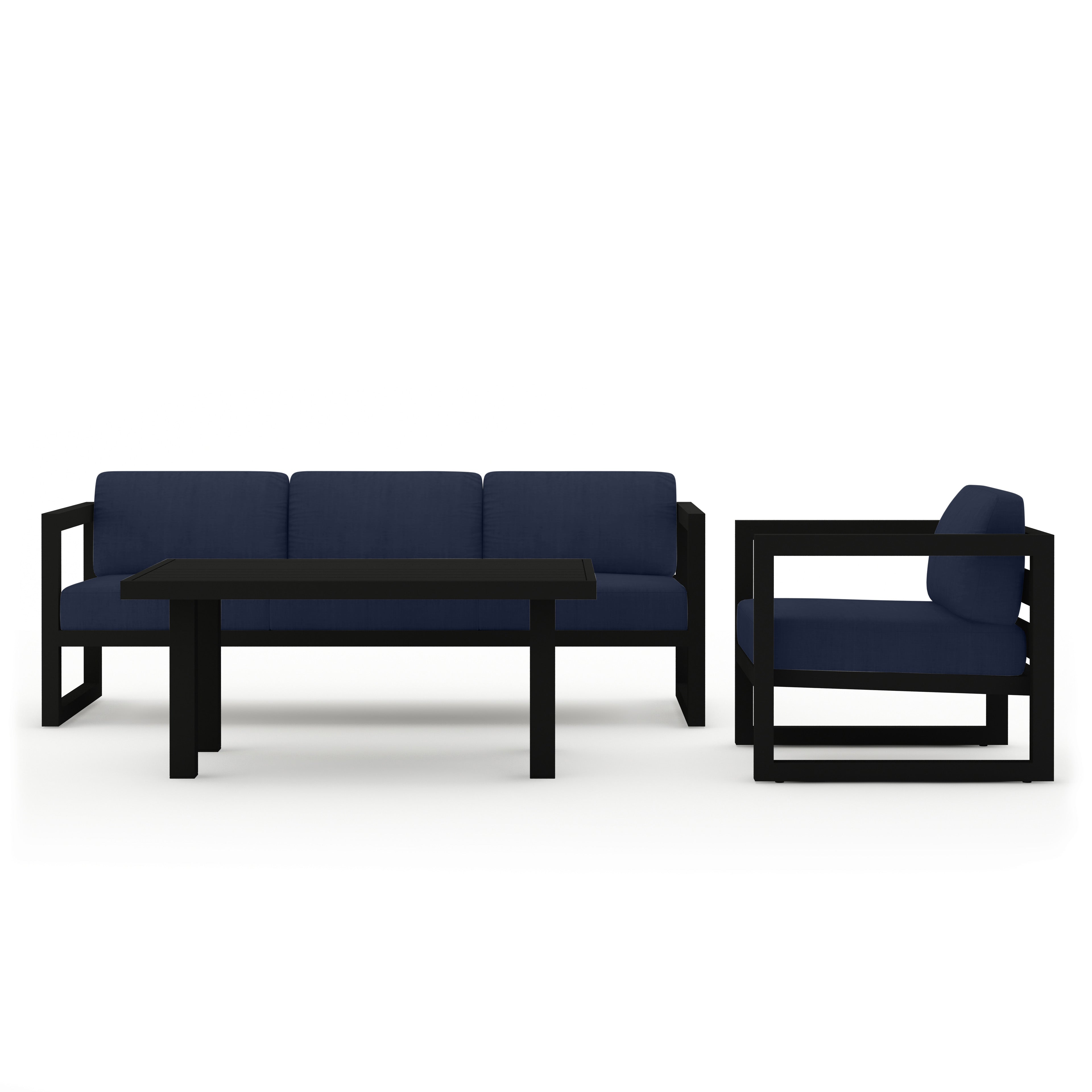 Avion Classic 3 Piece Aluminum Sofa Set#Finish_Black#Fabric_Spectrum Indigo