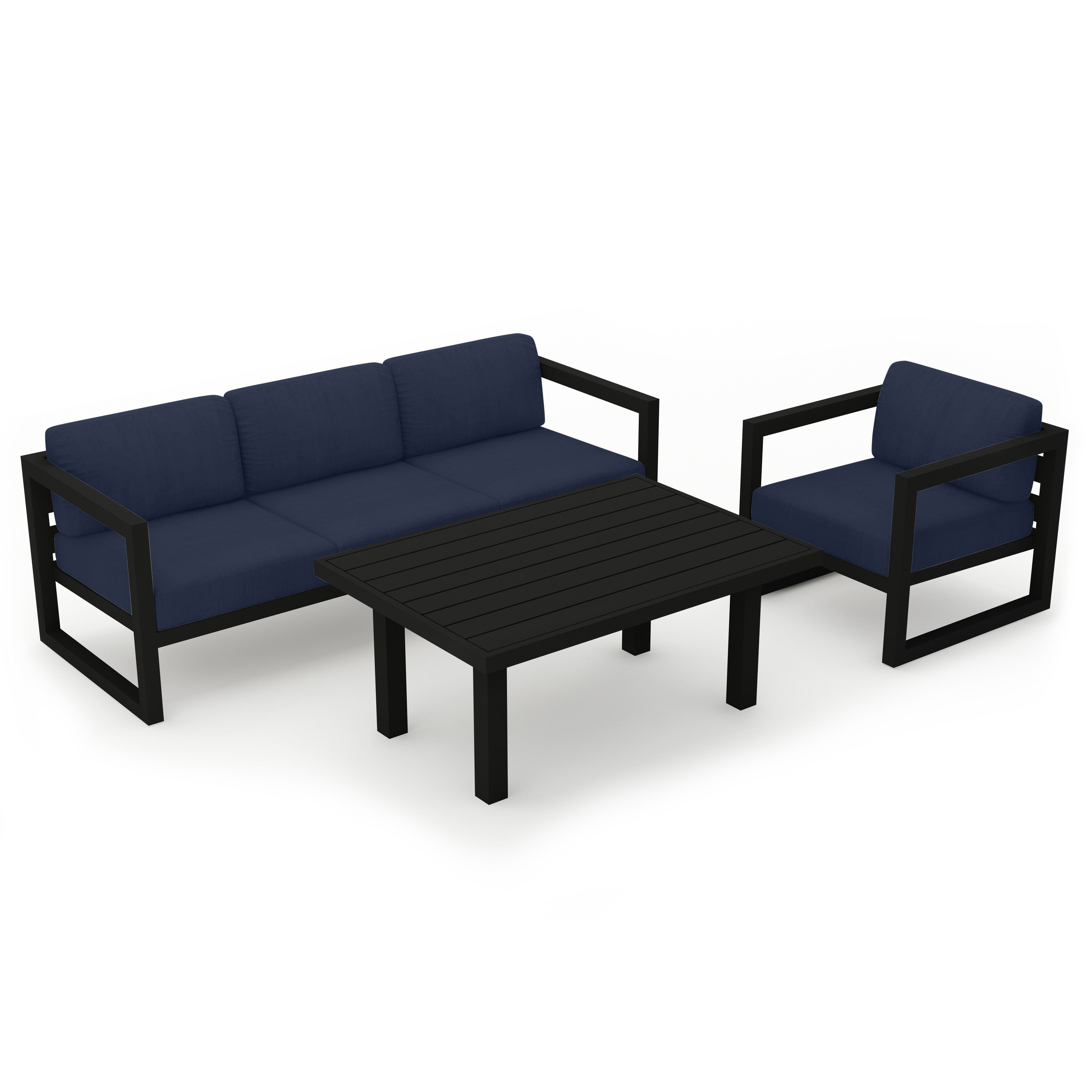 Avion Classic 3 Piece Aluminum Sofa Set#Finish_Black#Fabric_Spectrum Indigo