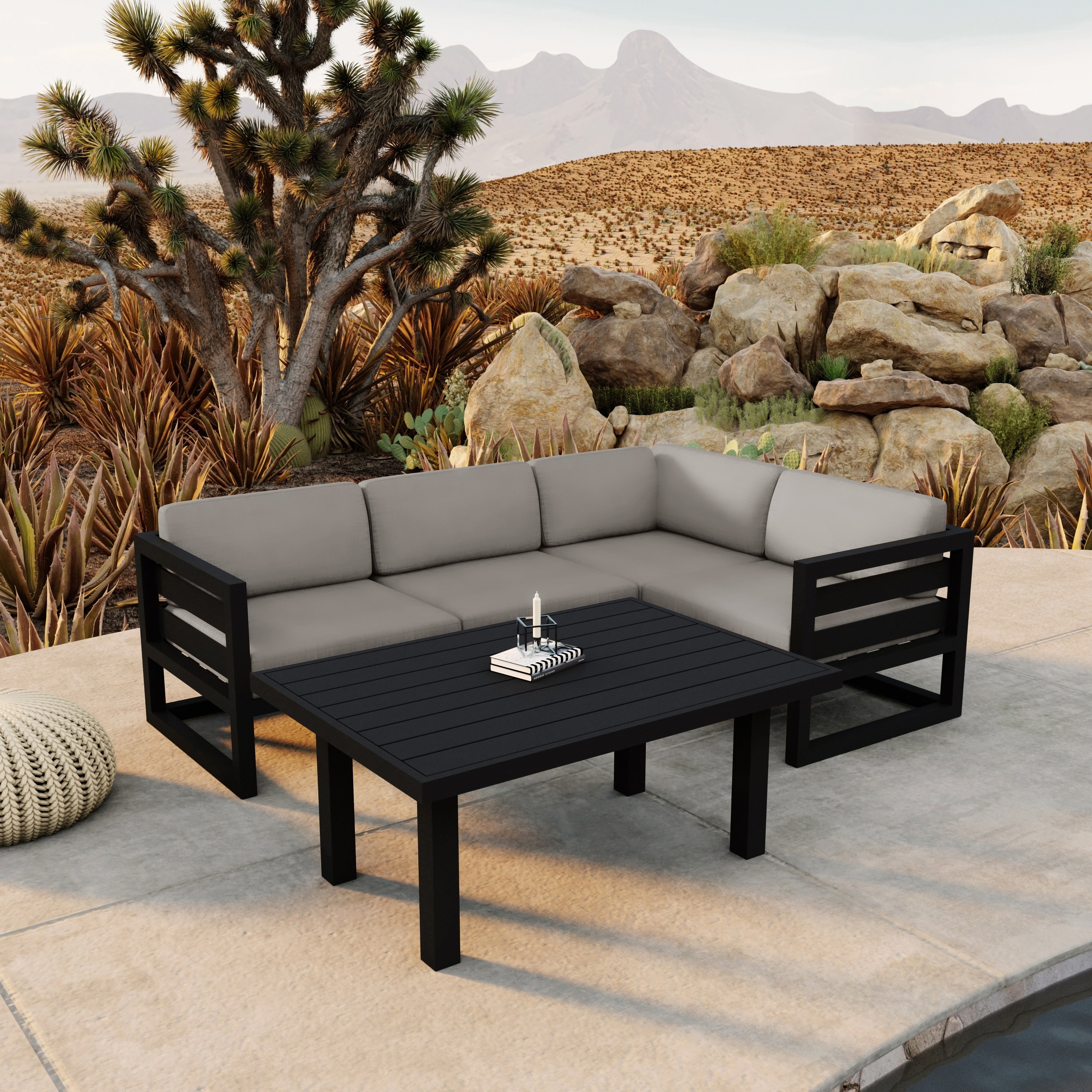 Avion Classic 5 Piece Aluminum Sectional Set#Finish_Black#Fabric_Canvas Charcoal