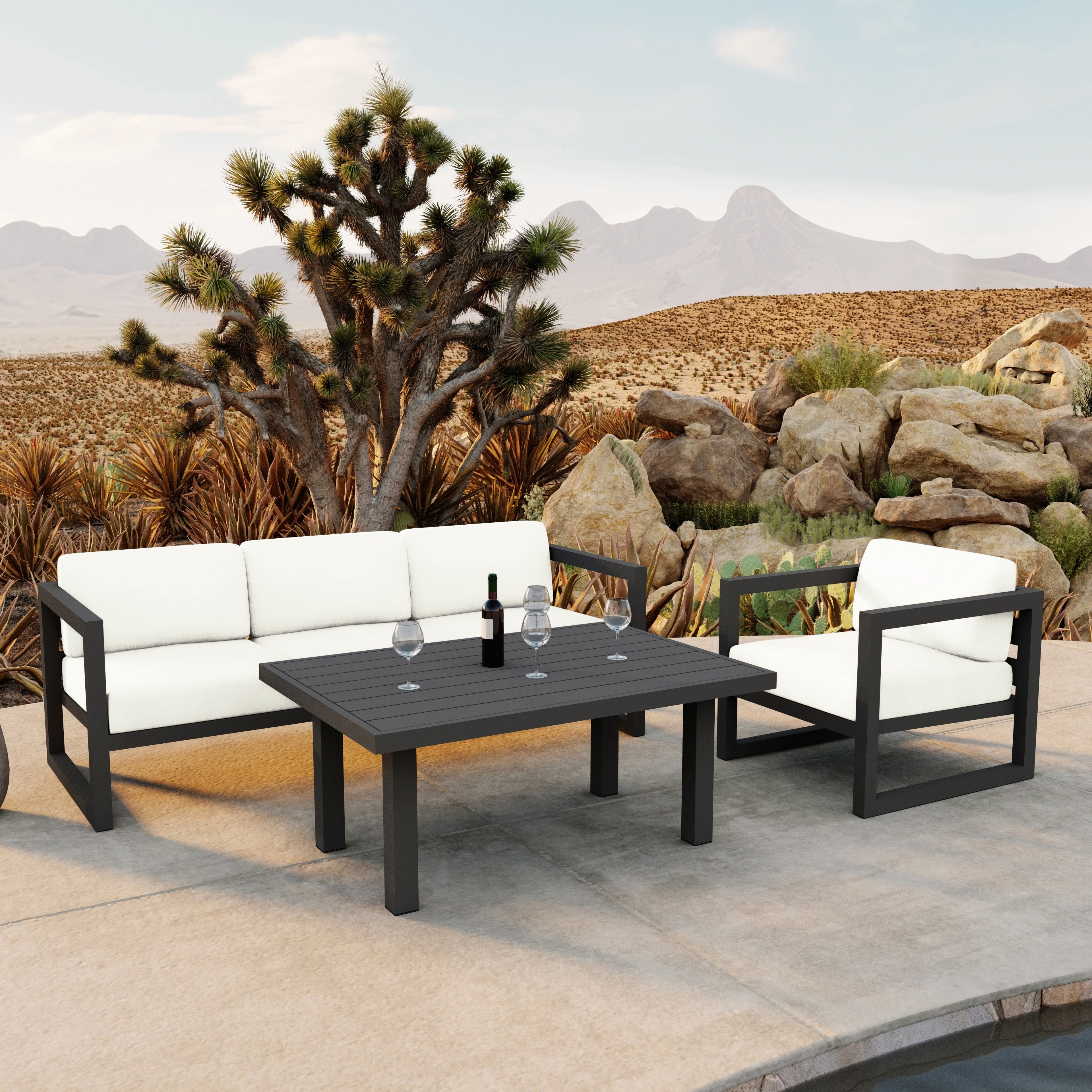 Avion Classic 3 Piece Aluminum Sofa Set#Finish_Slate#Fabric_Canvas Natural