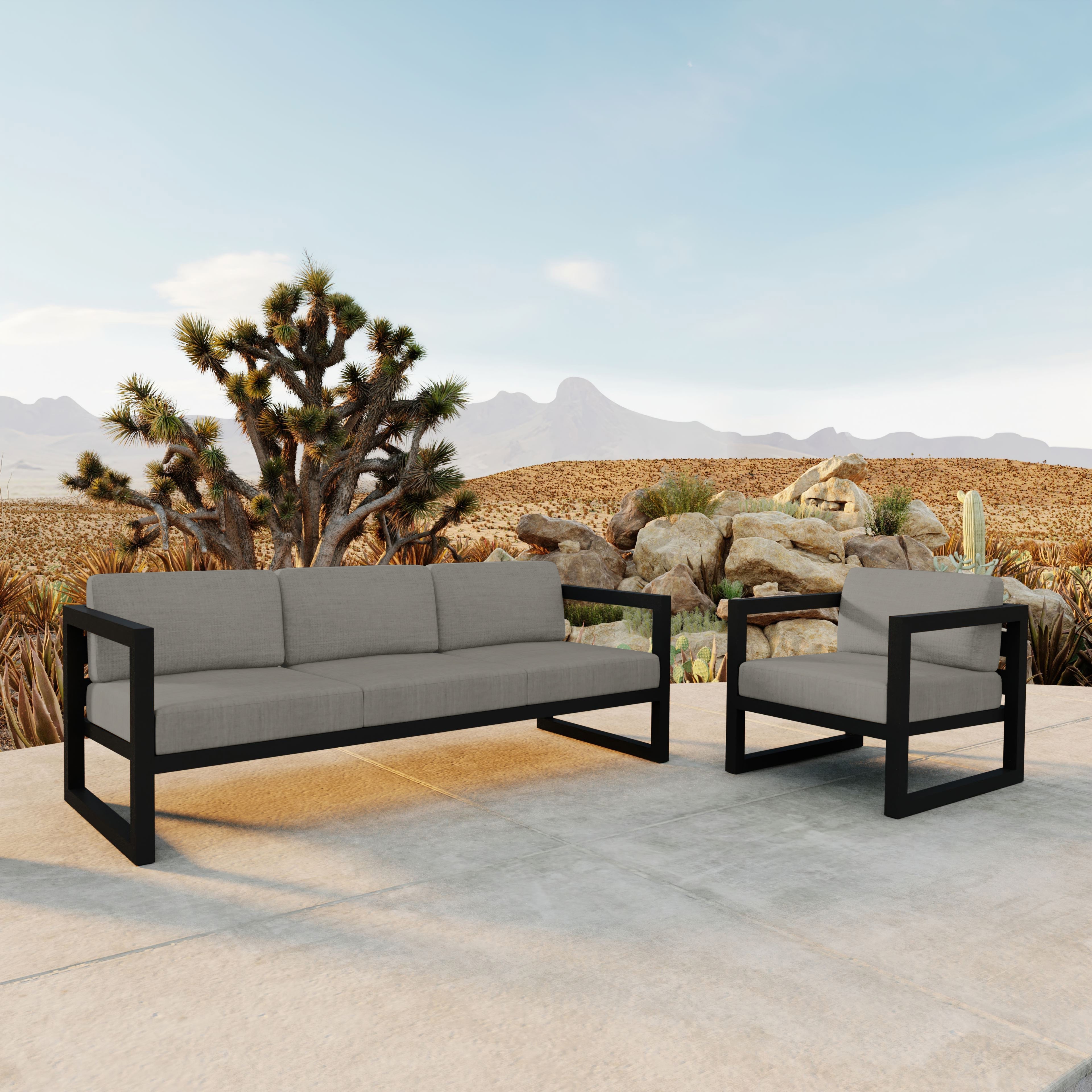 Avion 2 Piece Aluminum Sofa Set#Finish_Black#Fabric_Canvas Charcoal