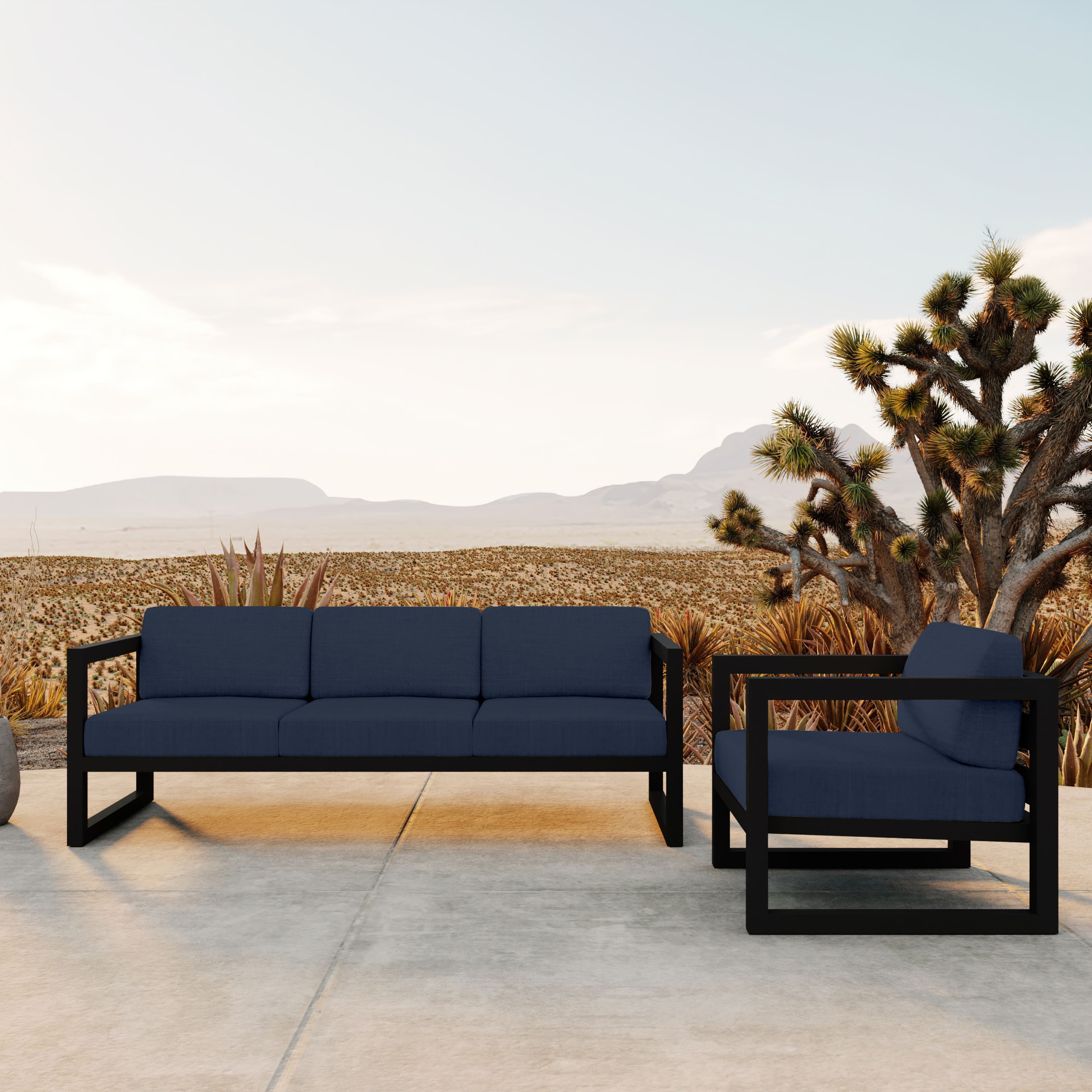 Avion 2 Piece Aluminum Sofa Set#Finish_Black#Fabric_Spectrum Indigo