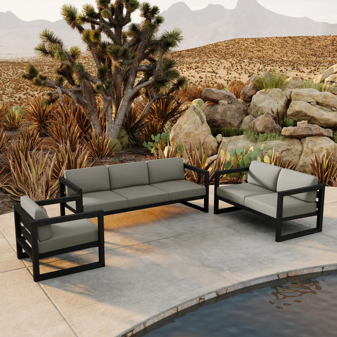 Avion 3 Piece Aluminum Sofa Loveseat Set#Finish_Black#Fabric_Canvas Charcoal