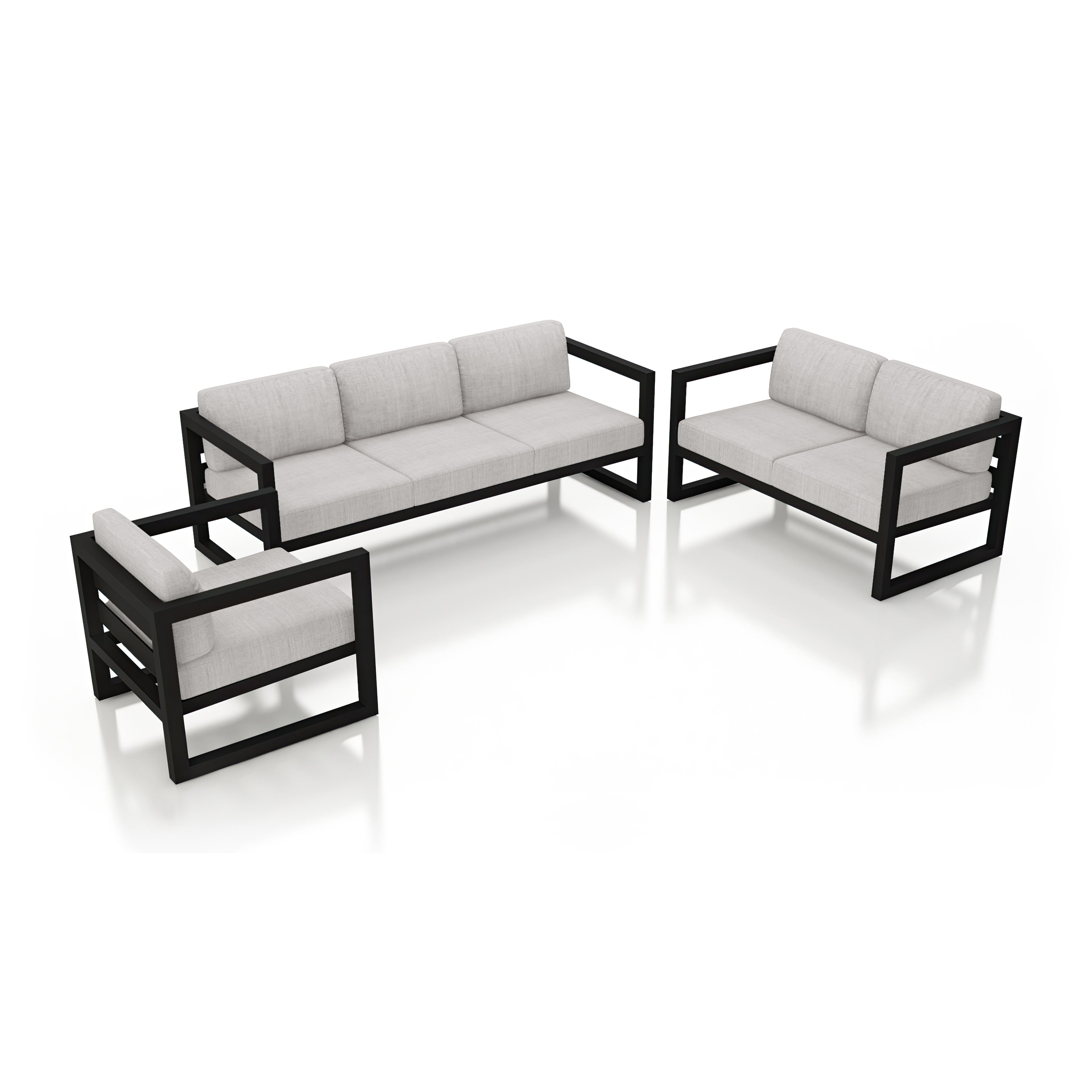Avion 3 Piece Aluminum Sofa Loveseat Set#Finish_Black#Fabric_Cast Silver