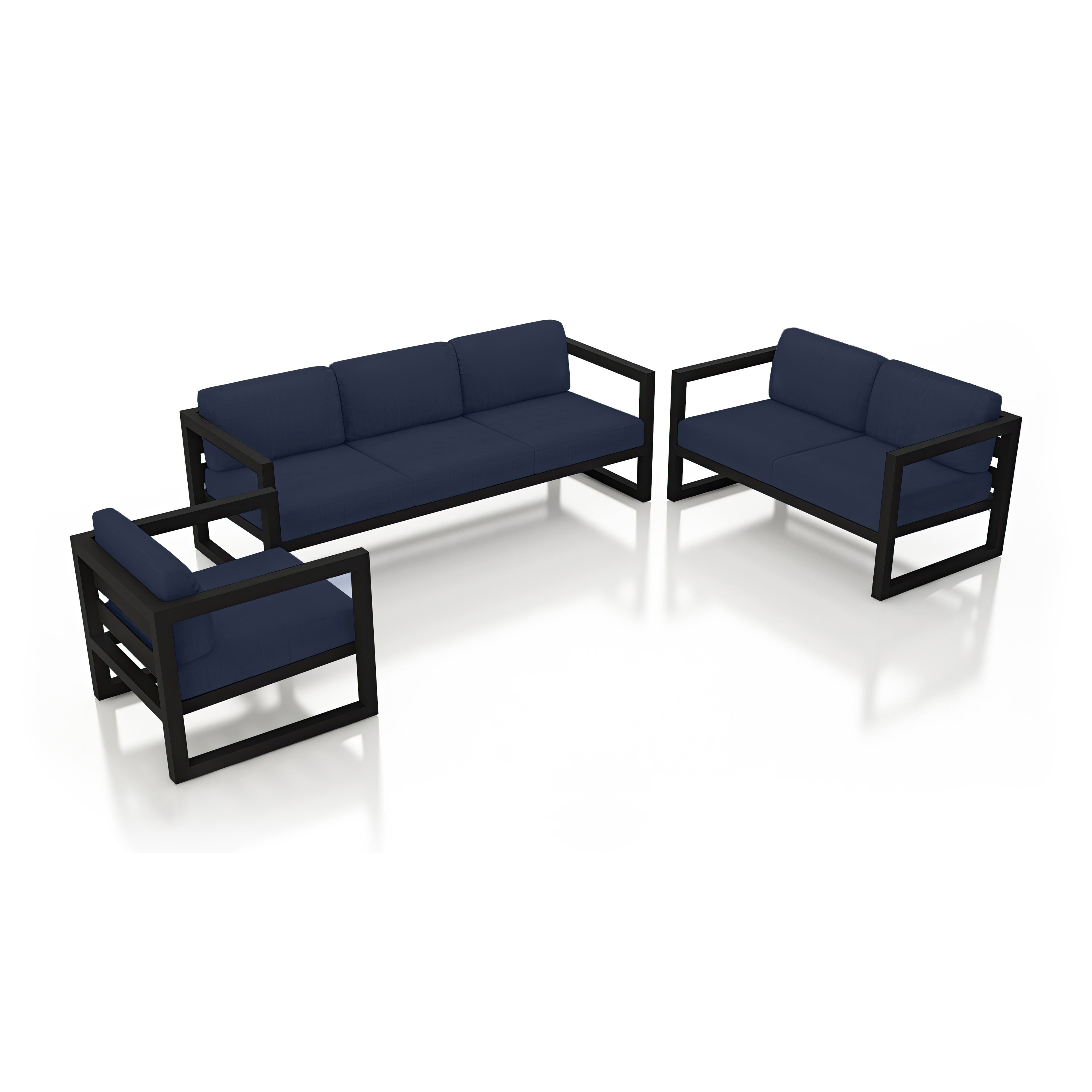 Avion 3 Piece Aluminum Sofa Loveseat Set#Finish_Black#Fabric_Spectrum Indigo
