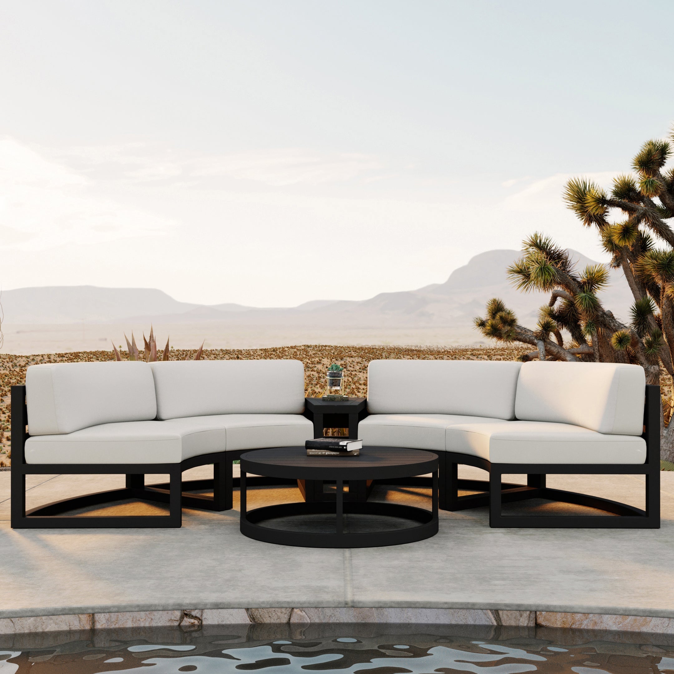 Avion 4 Piece Aluminum Curve Sectional Set#Finish_Black#Fabric_Canvas Natural