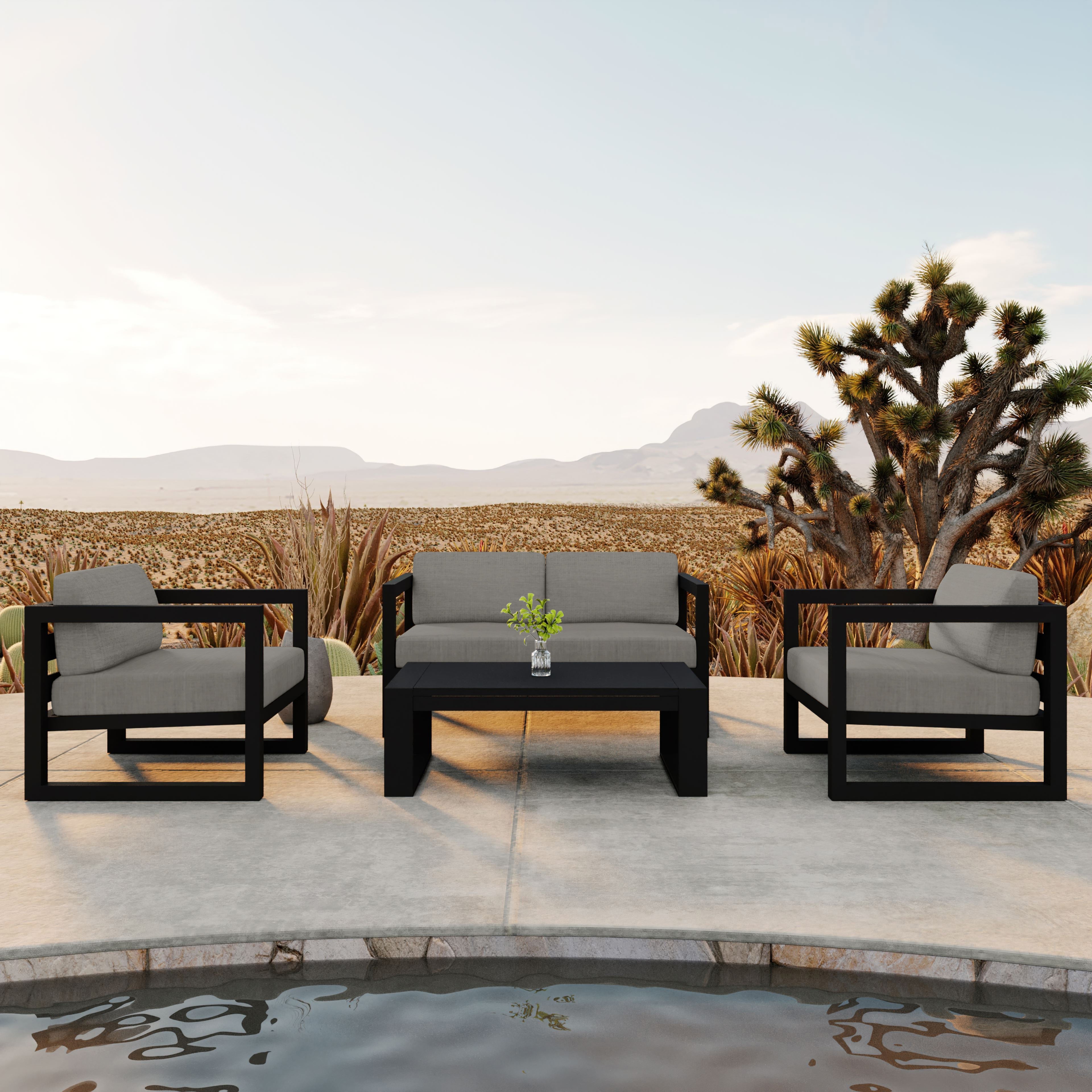 Avion 4 Piece Aluminum Loveseat Set#Finish_Black#Fabric_Canvas Charcoal