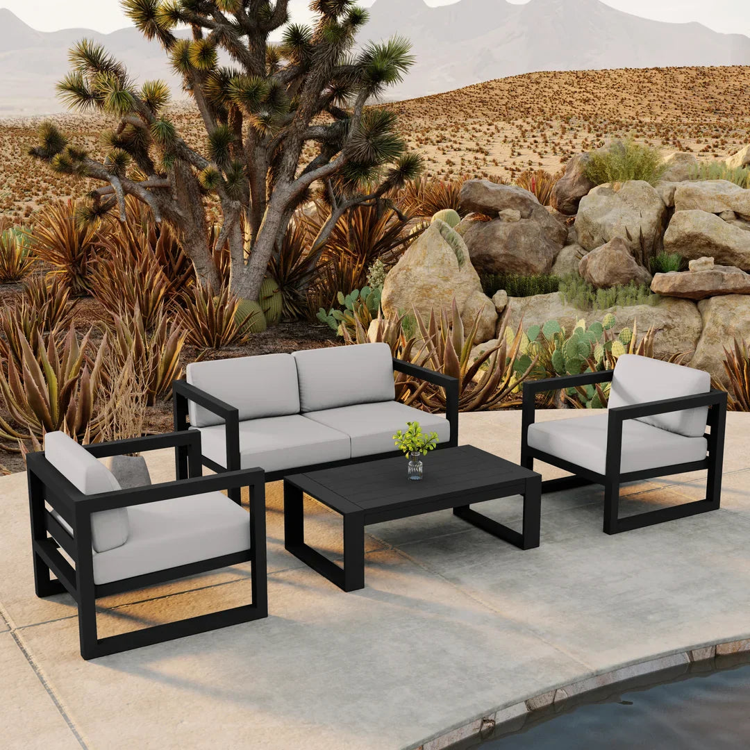 Avion 4 Piece Aluminum Loveseat Set#Finish_Black#Fabric_Canvas Natural