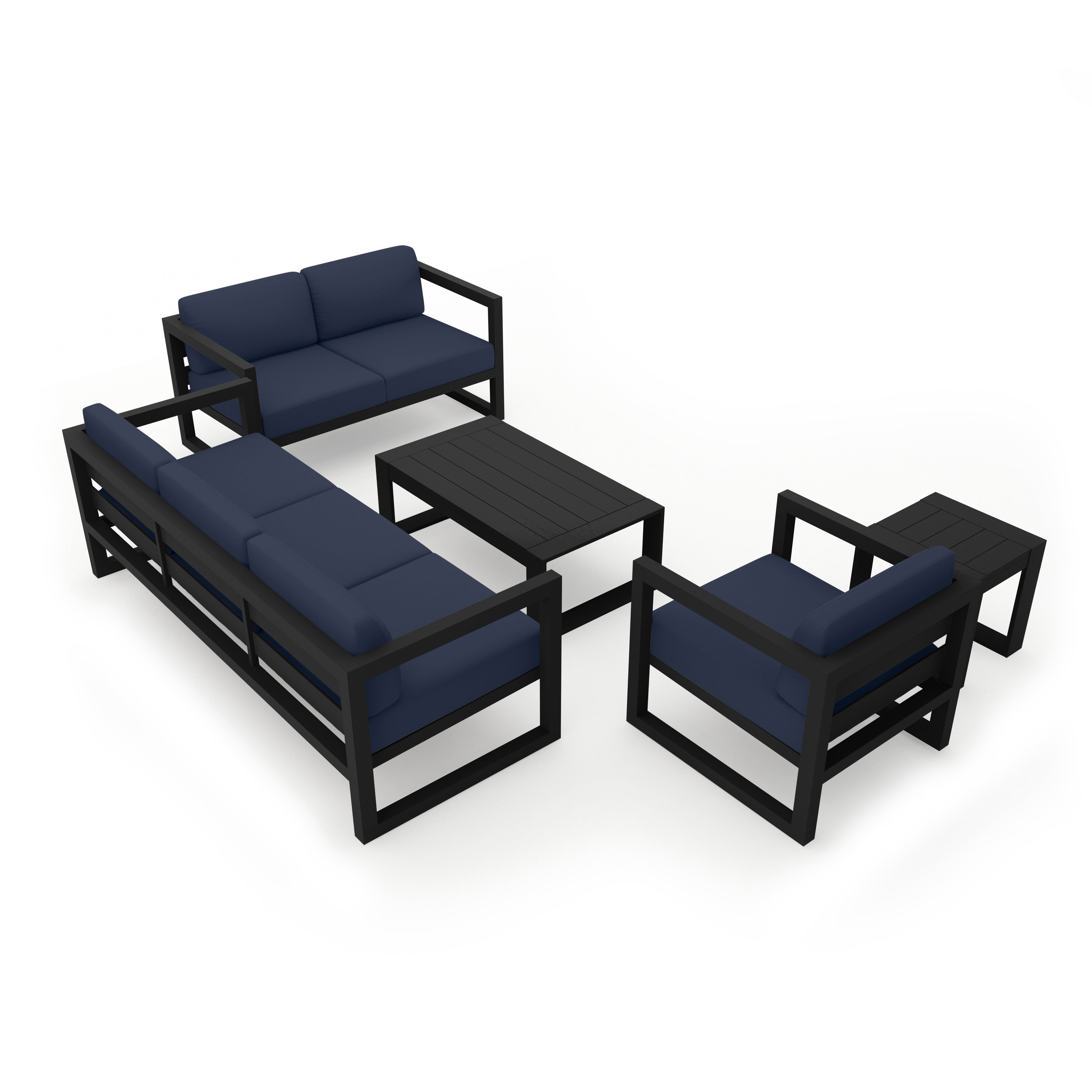 Avion 5 Piece Aluminum Sofa Set#Finish_Black#Fabric_Spectrum Indigo
