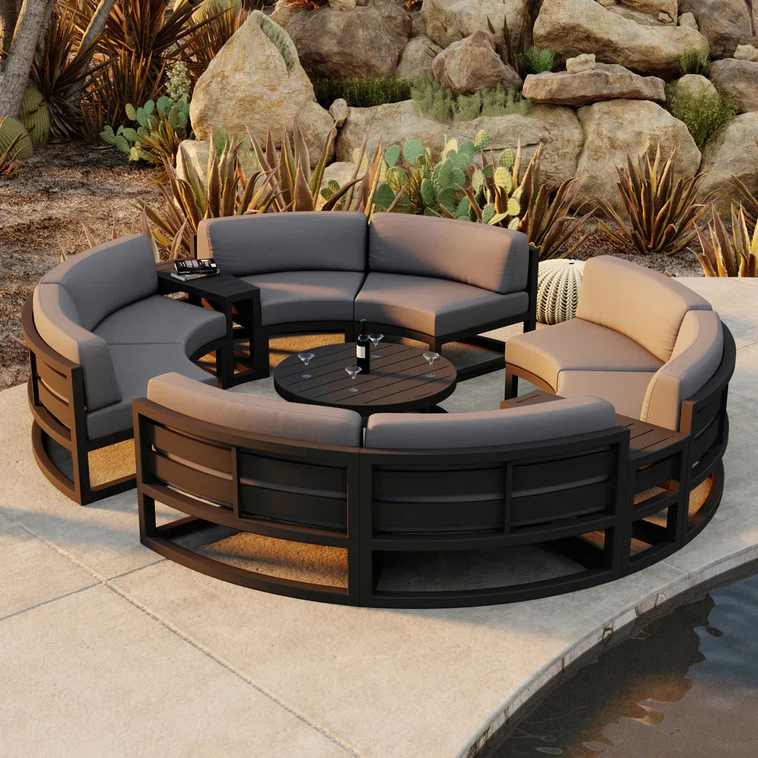Avion 7 Piece Aluminum Curve Sectional Set#Finish_Black#Fabric_Canvas Charcoal