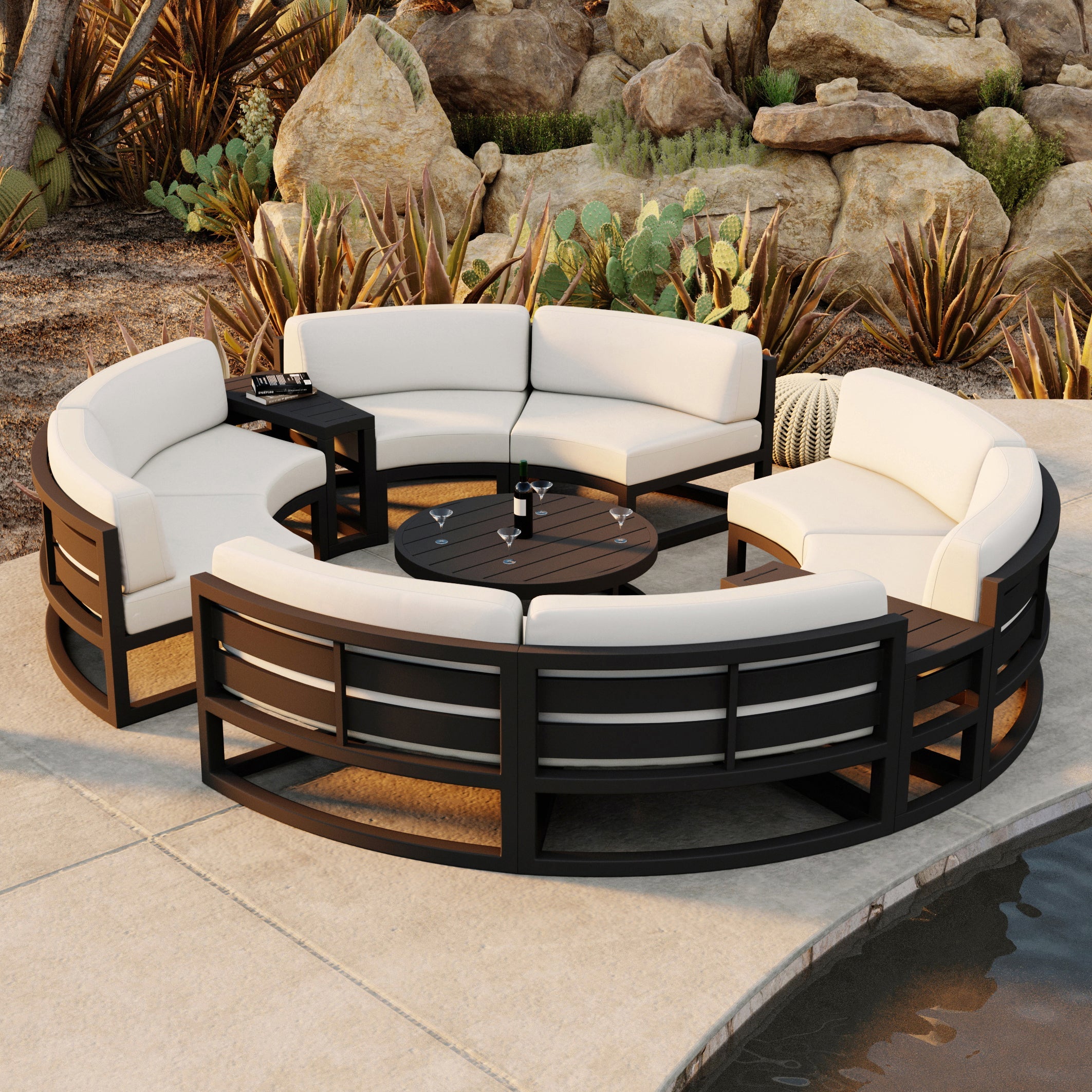 Avion 7 Piece Aluminum Curve Sectional Set#Finish_Black#Fabric_Canvas Natural