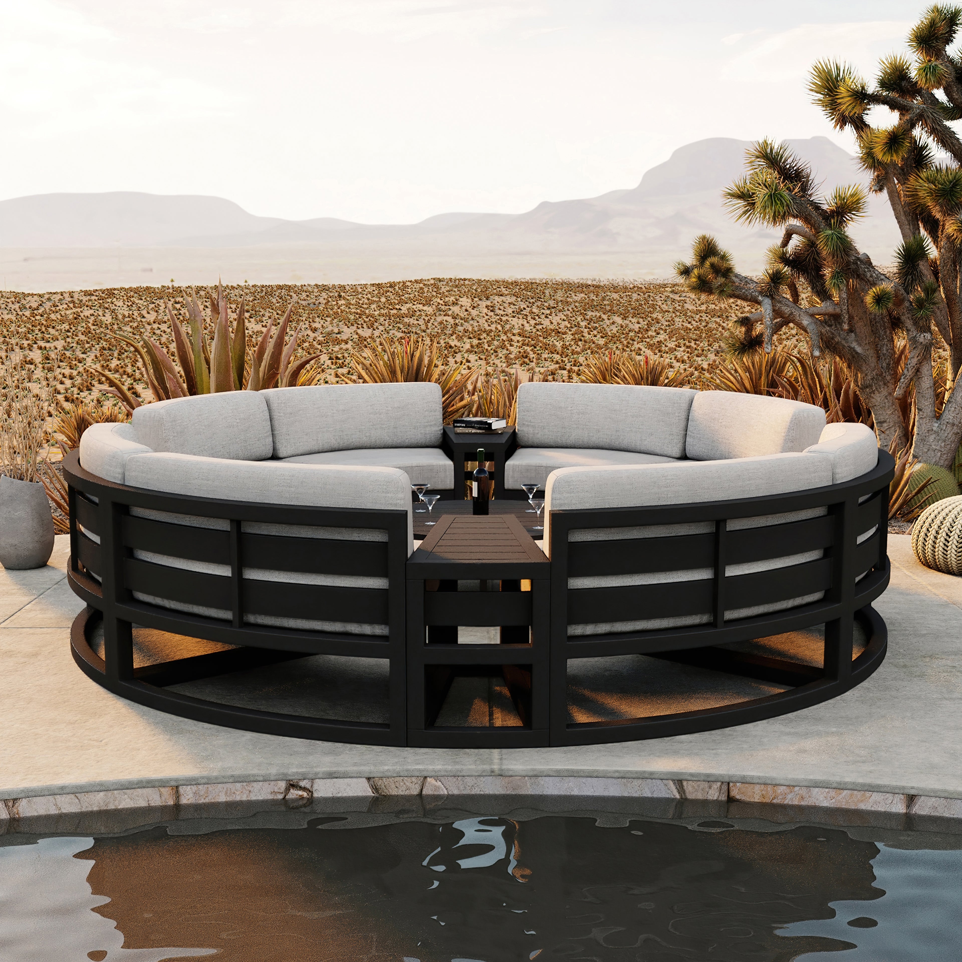 Avion 7 Piece Aluminum Curve Sectional Set#Finish_Black#Fabric_Cast Silver