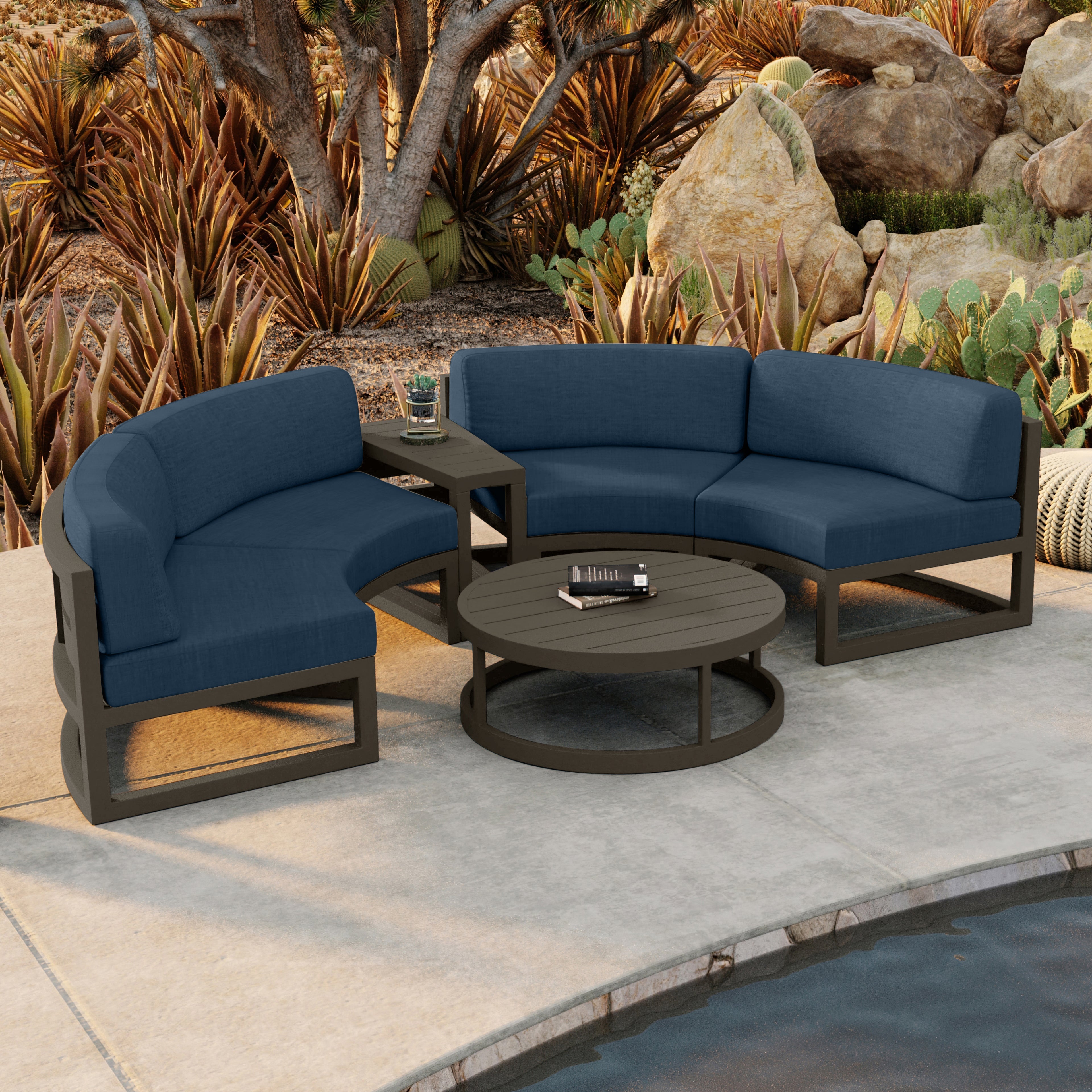 Avion 4 Piece Aluminum Curve Sectional Set#Finish_Slate#Fabric_Spectrum Indigo