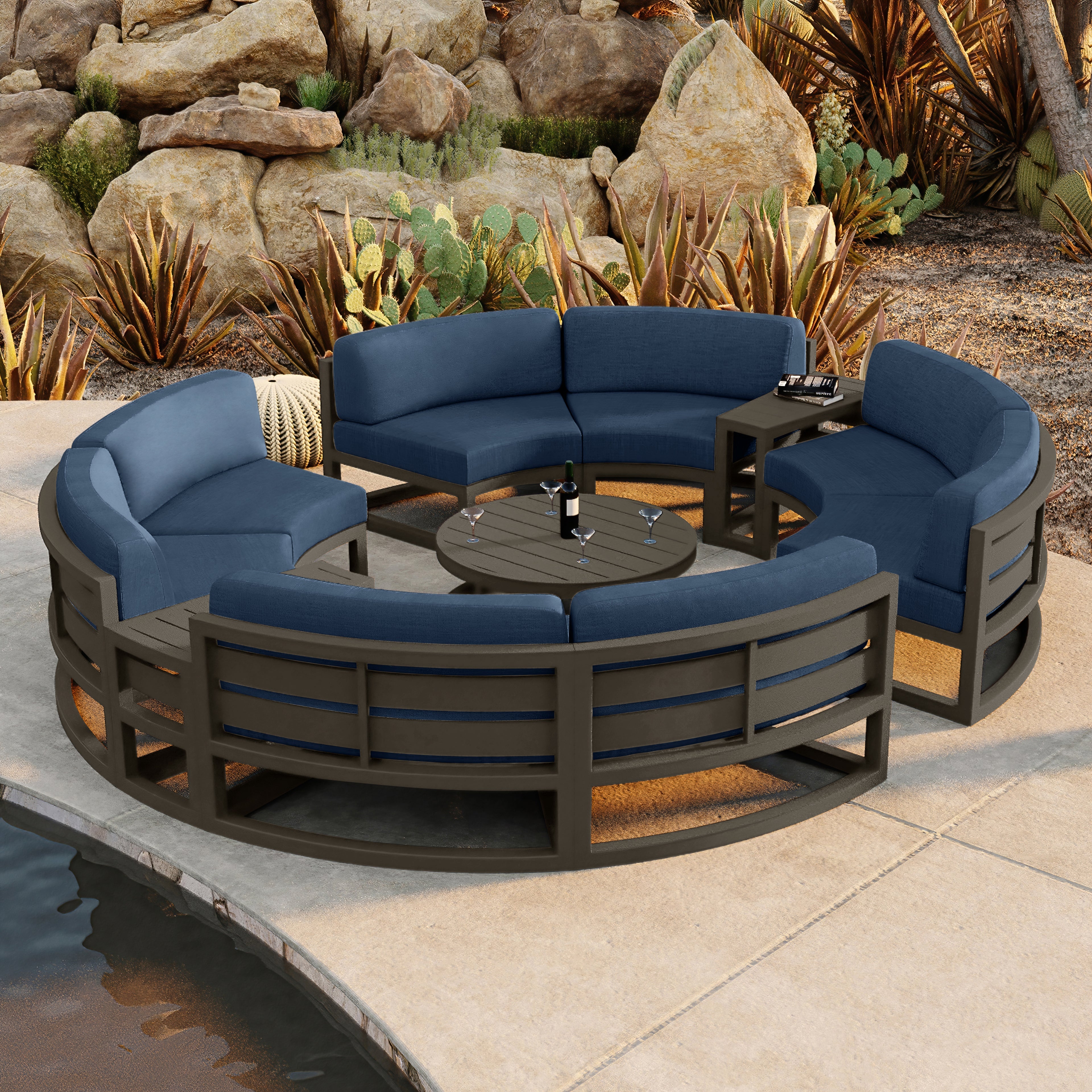 Avion 7 Piece Aluminum Curve Sectional Set#Finish_Slate#Fabric_Spectrum Indigo