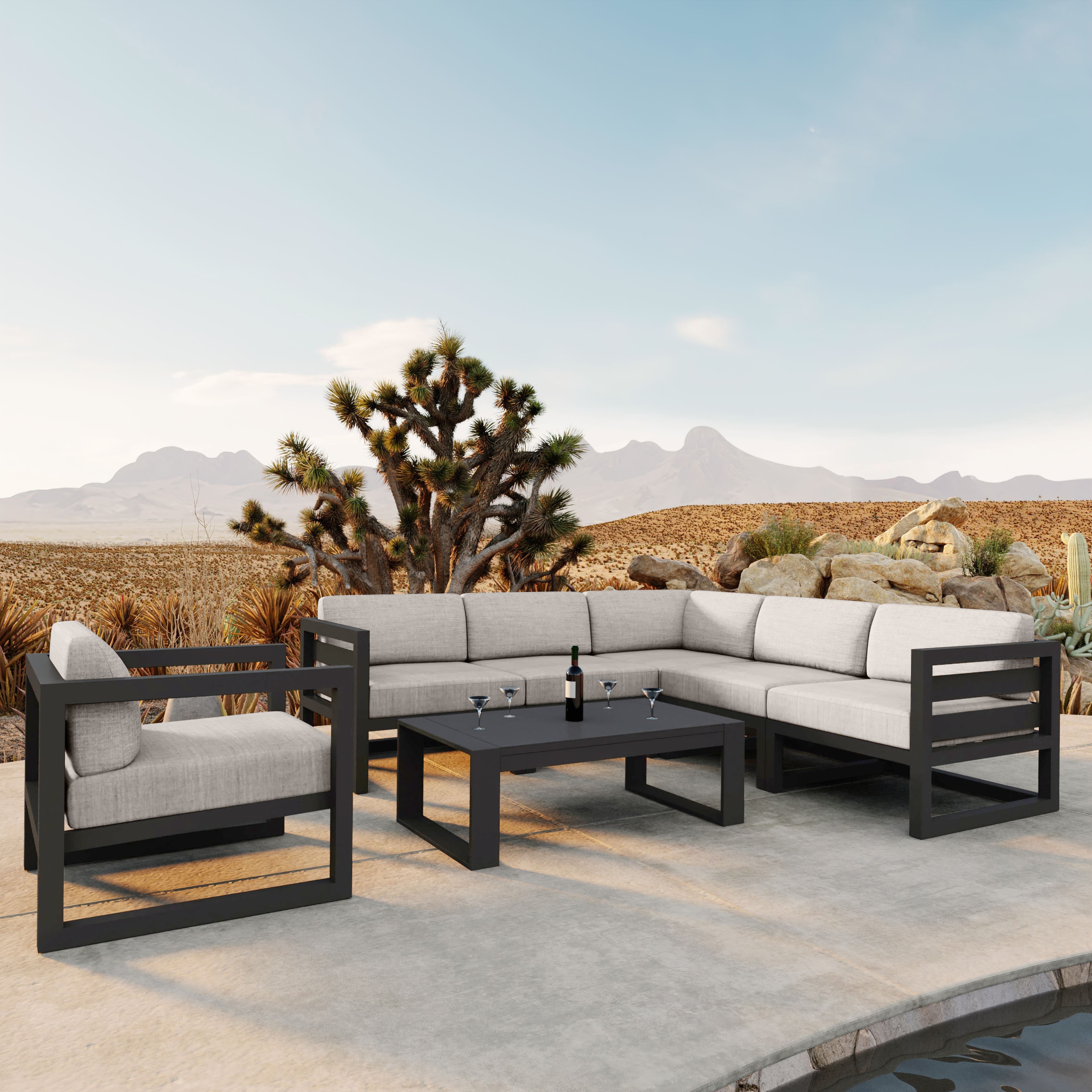 Avion 7 Piece Aluminum Sectional Set#Finish_Slate#Fabric_Cast Silver