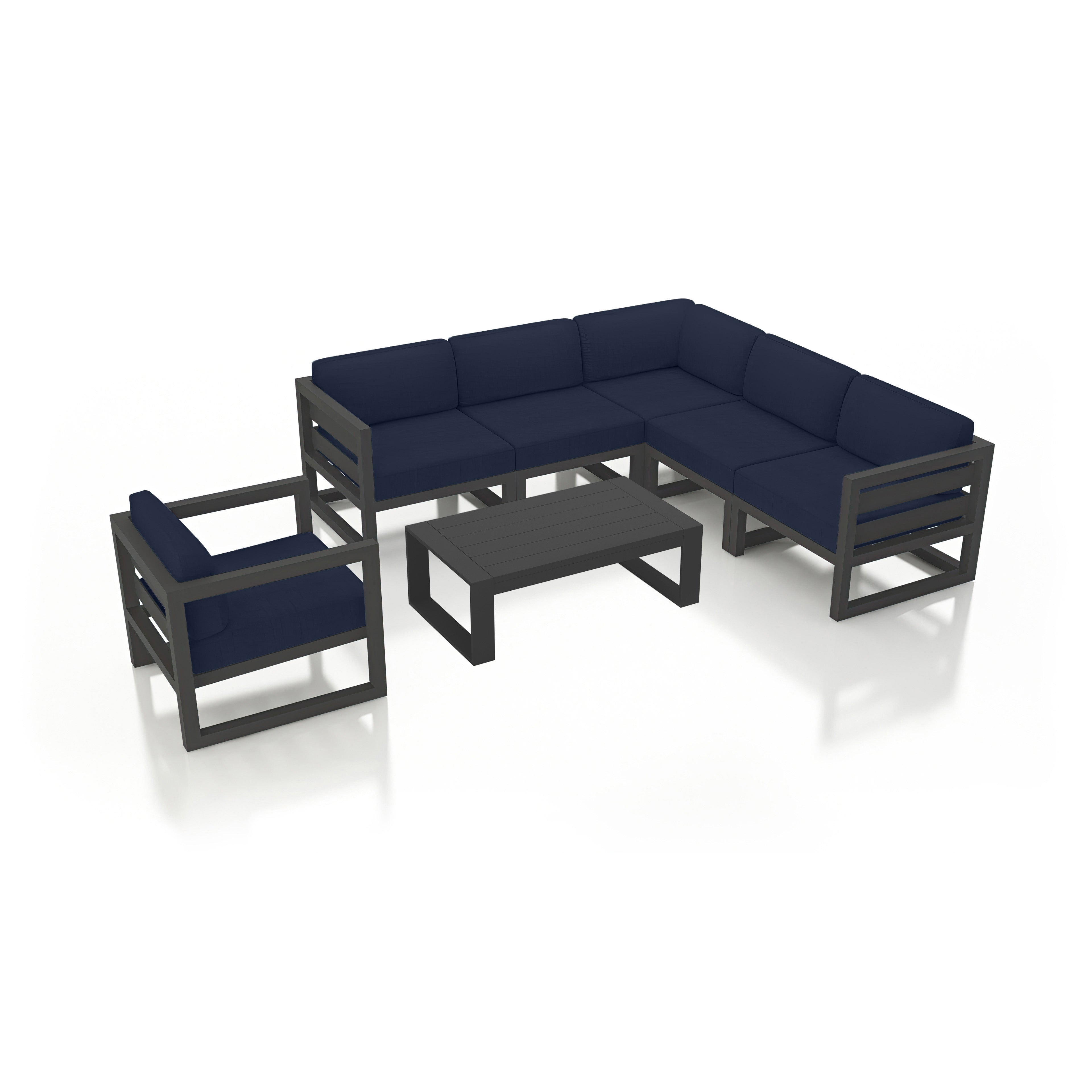 Avion 7 Piece Aluminum Sectional Set#Finish_Slate#Fabric_Spectrum Indigo