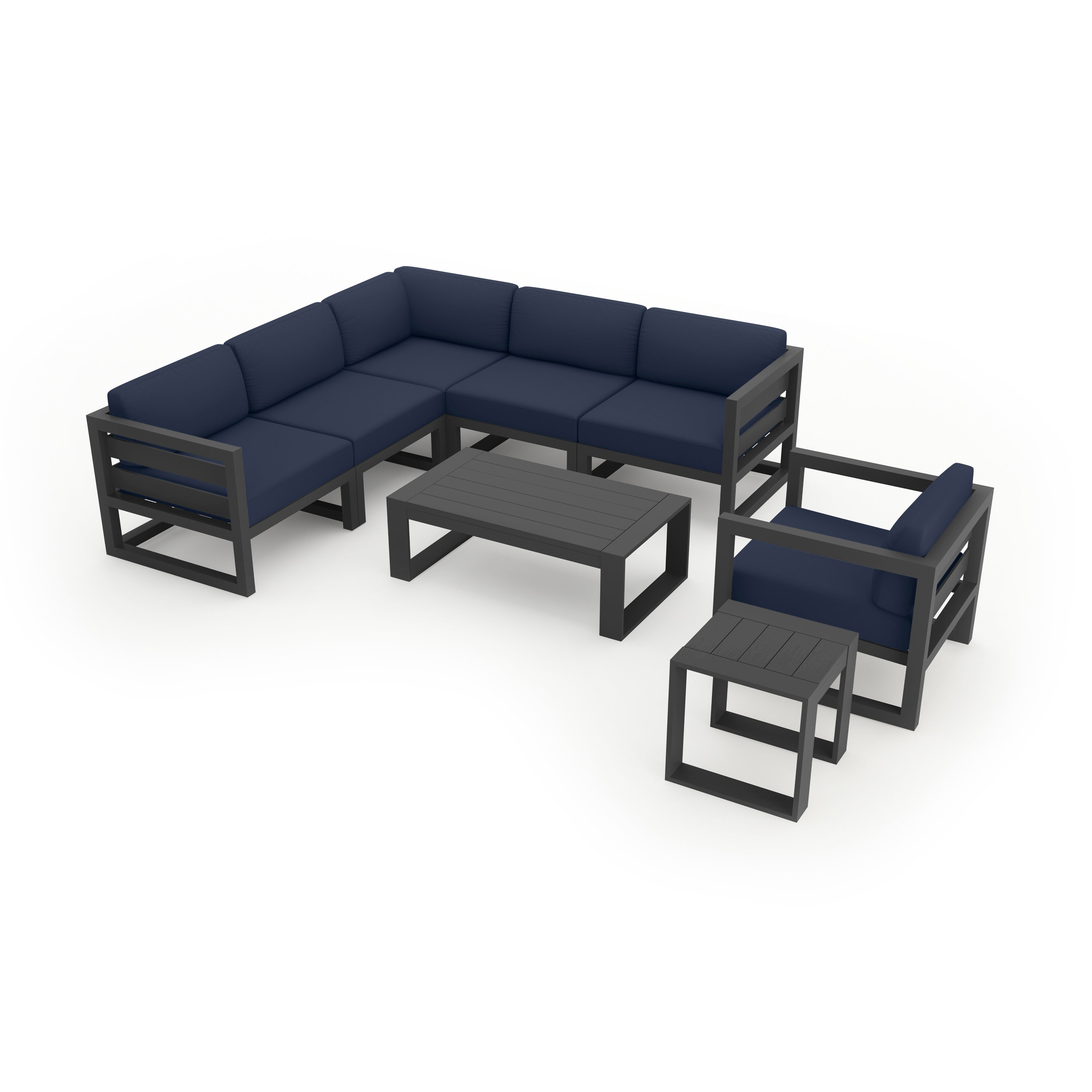 Avion 8 Piece Aluminum Sectional Set#Finish_Slate#Fabric_Spectrum Indigo