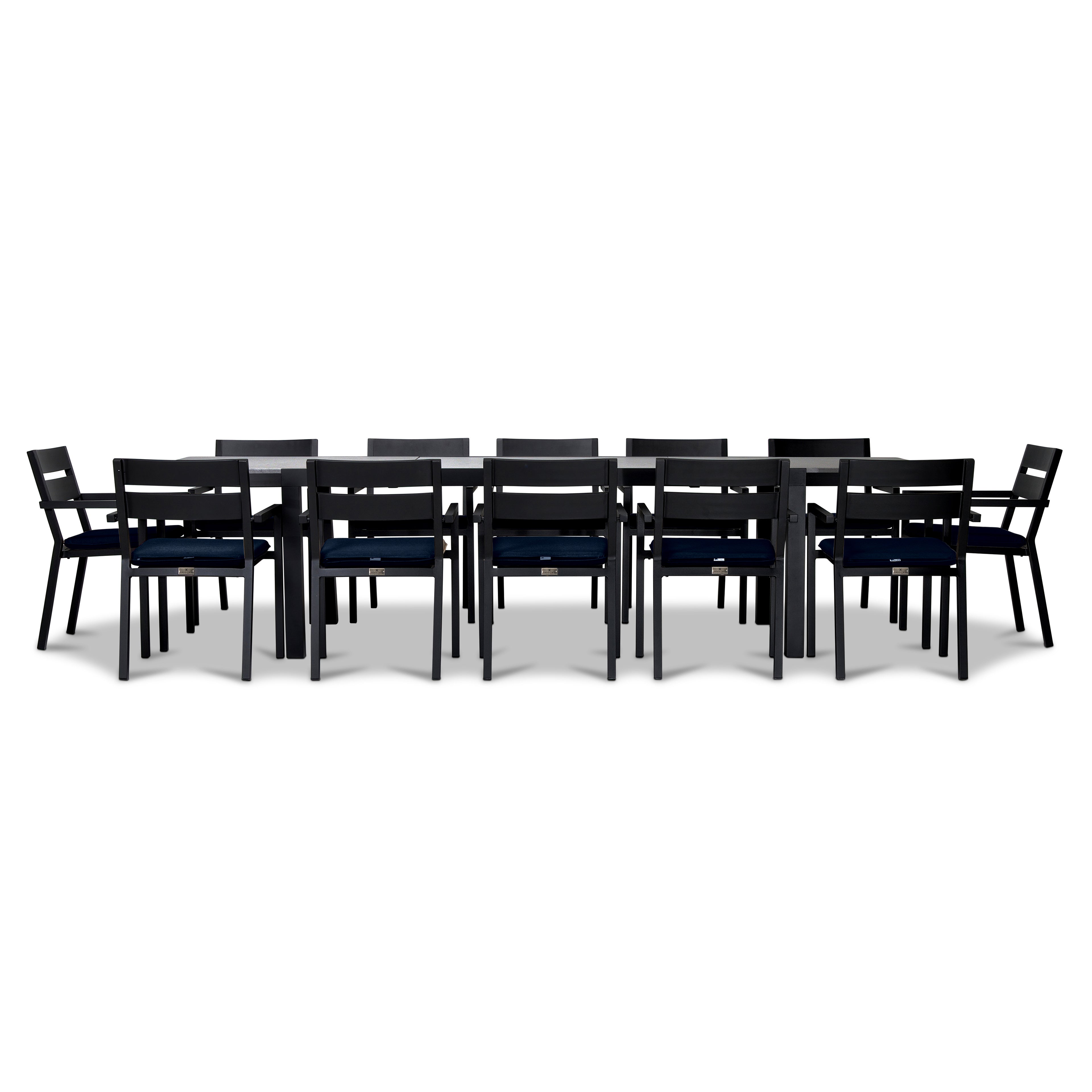 Pacifica 13 Piece Aluminum Extendable Dining Set#Finish_Black#Fabric_Spectrum Indigo