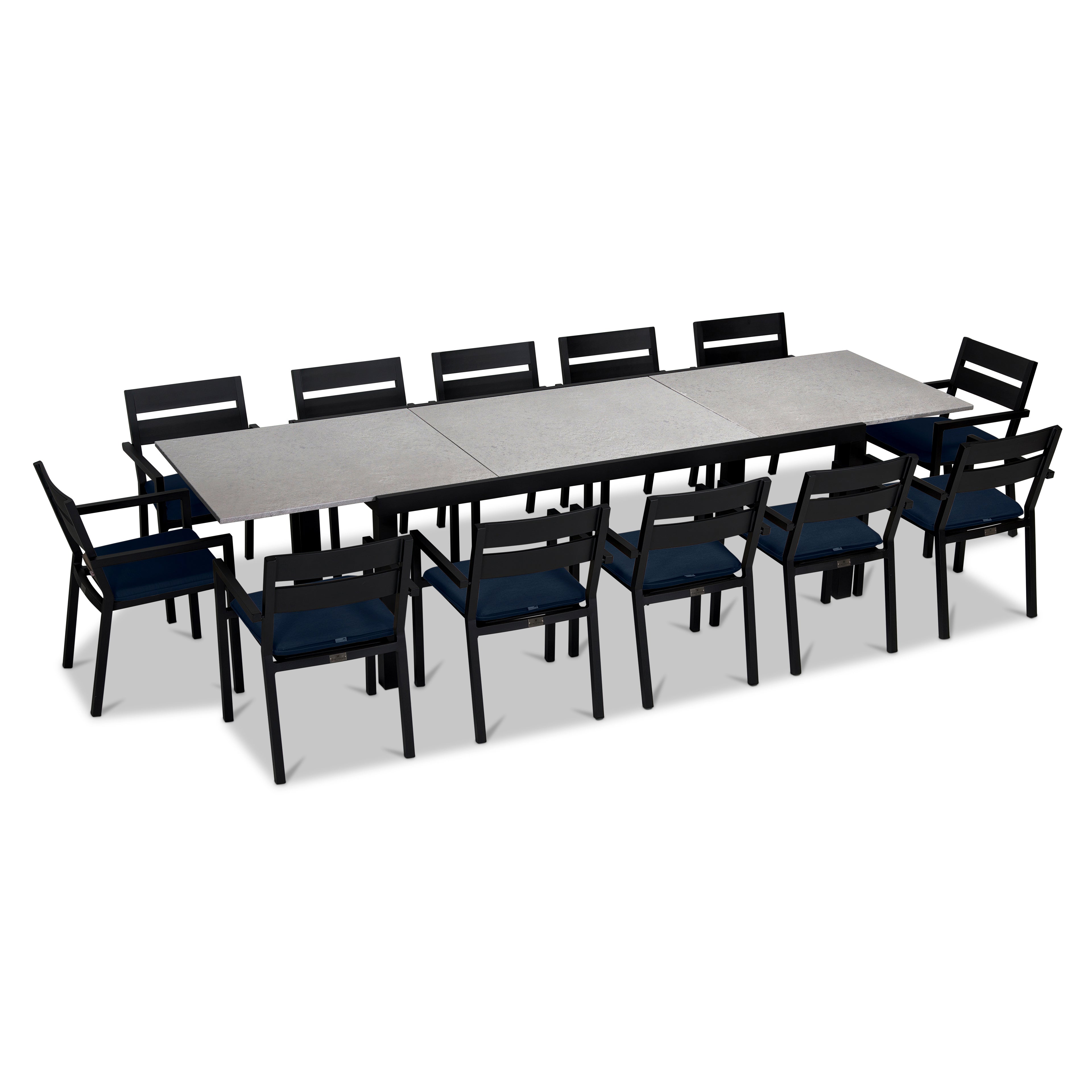 Pacifica 13 Piece Aluminum Extendable Dining Set#Finish_Black#Fabric_Spectrum Indigo