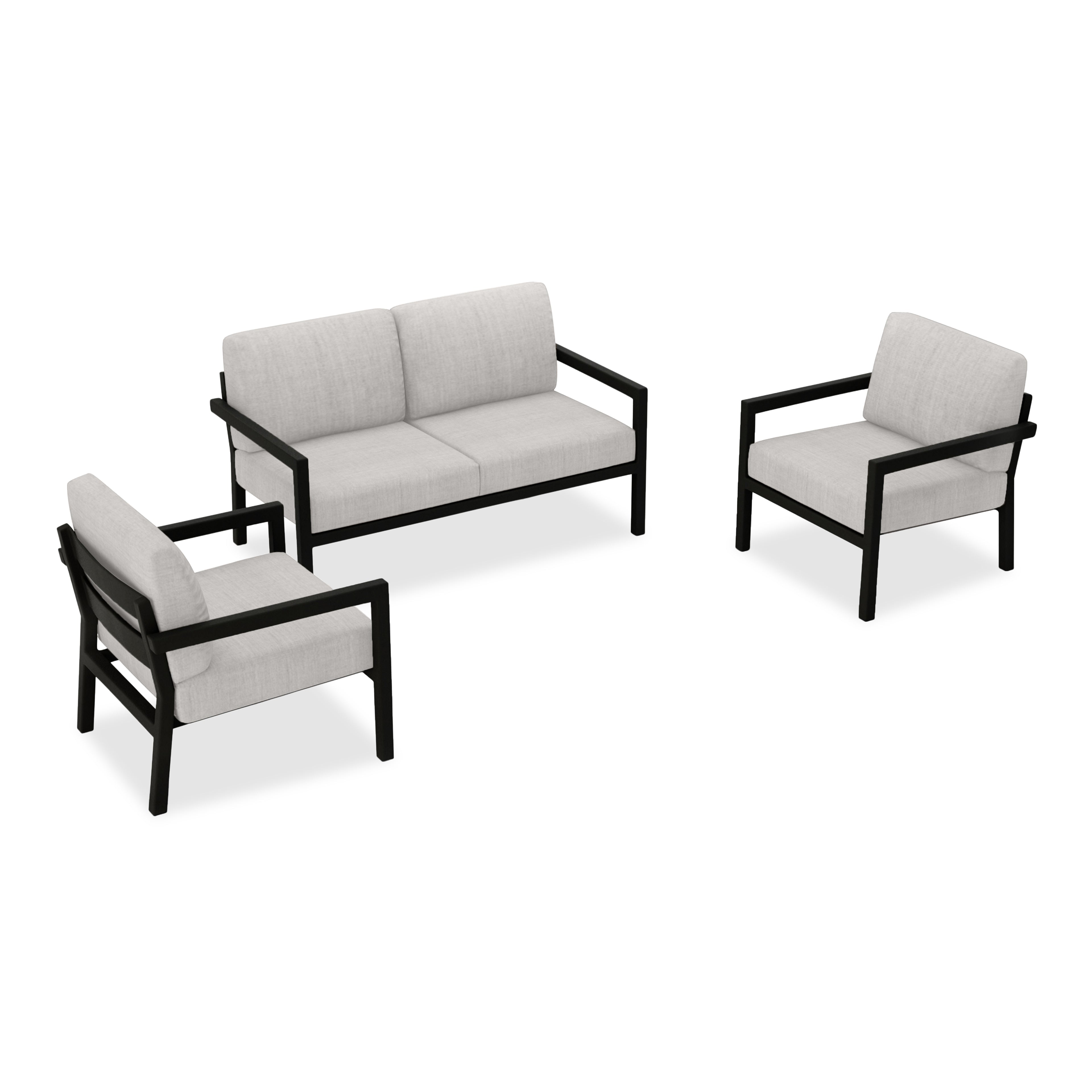 Pacifica 3 Piece Aluminum Loveseat Set#Finish_Black#Fabric_Cast Silver