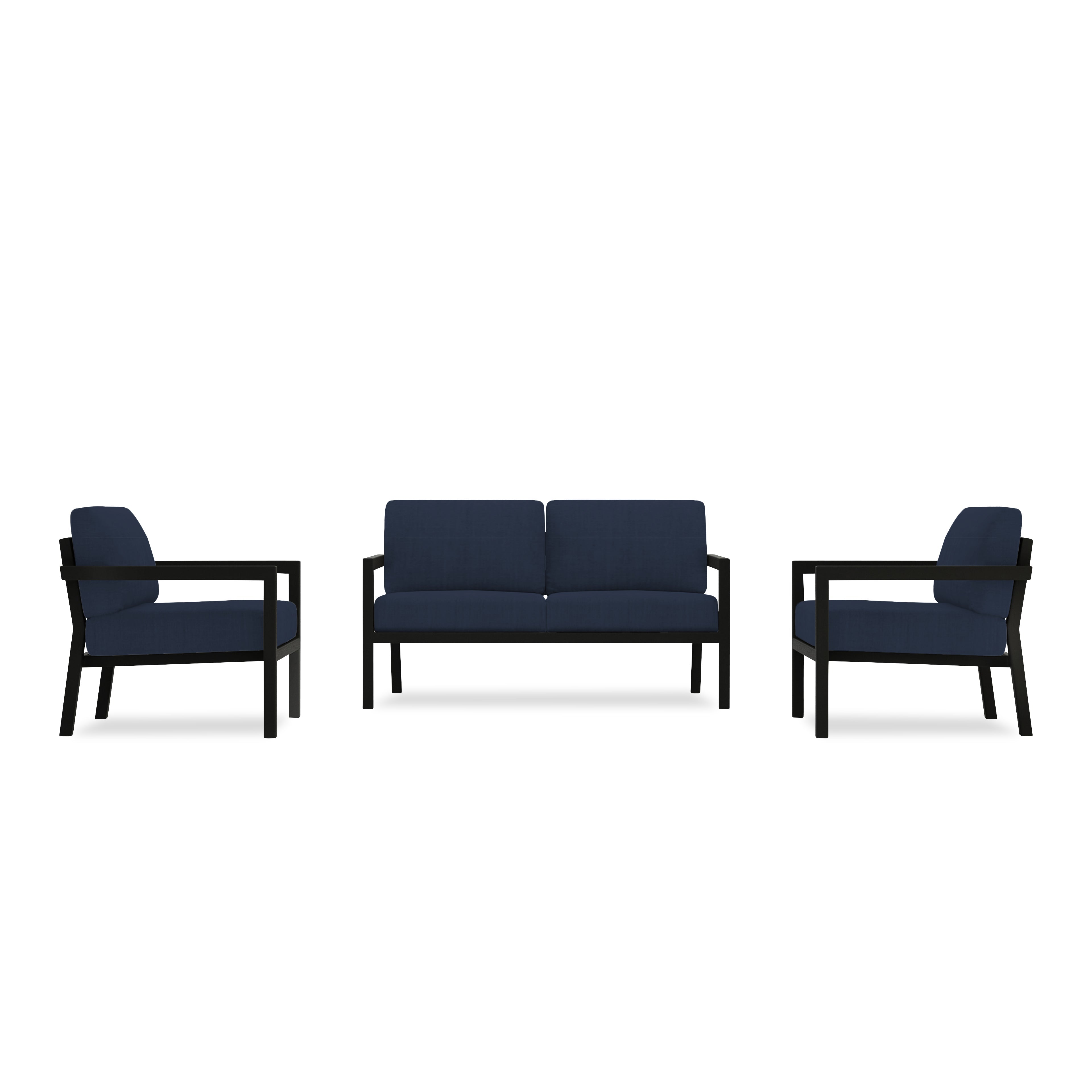 Pacifica 3 Piece Aluminum Loveseat Set#Finish_Black#Fabric_Spectrum Indigo