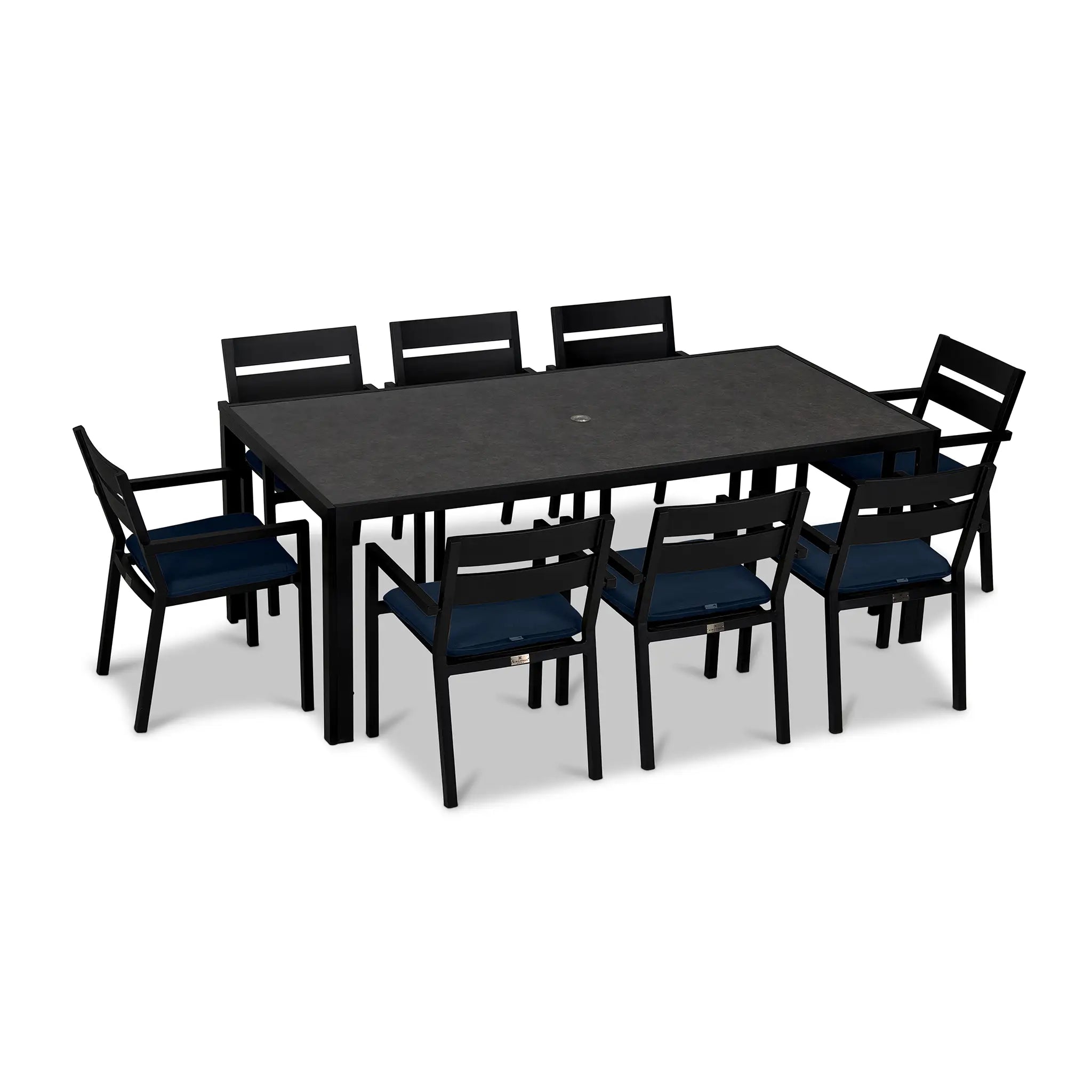 Pacifica 9 Piece Rectangular Dining Set#Finish_Black#Fabric_Spectrum Indigo
