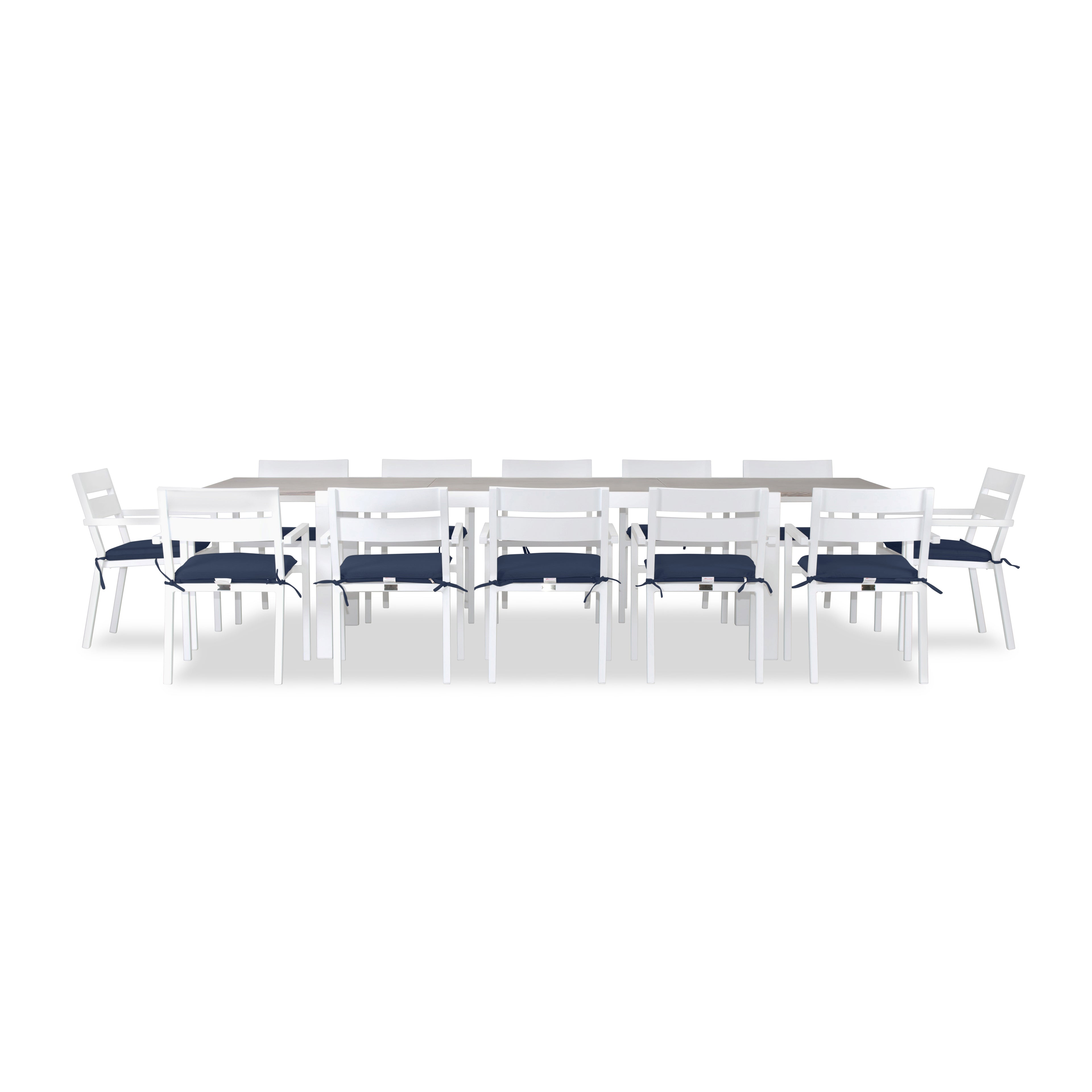 Pacifica 13 Piece Aluminum Extendable Dining Set#Finish_White#Fabric_Spectrum Indigo