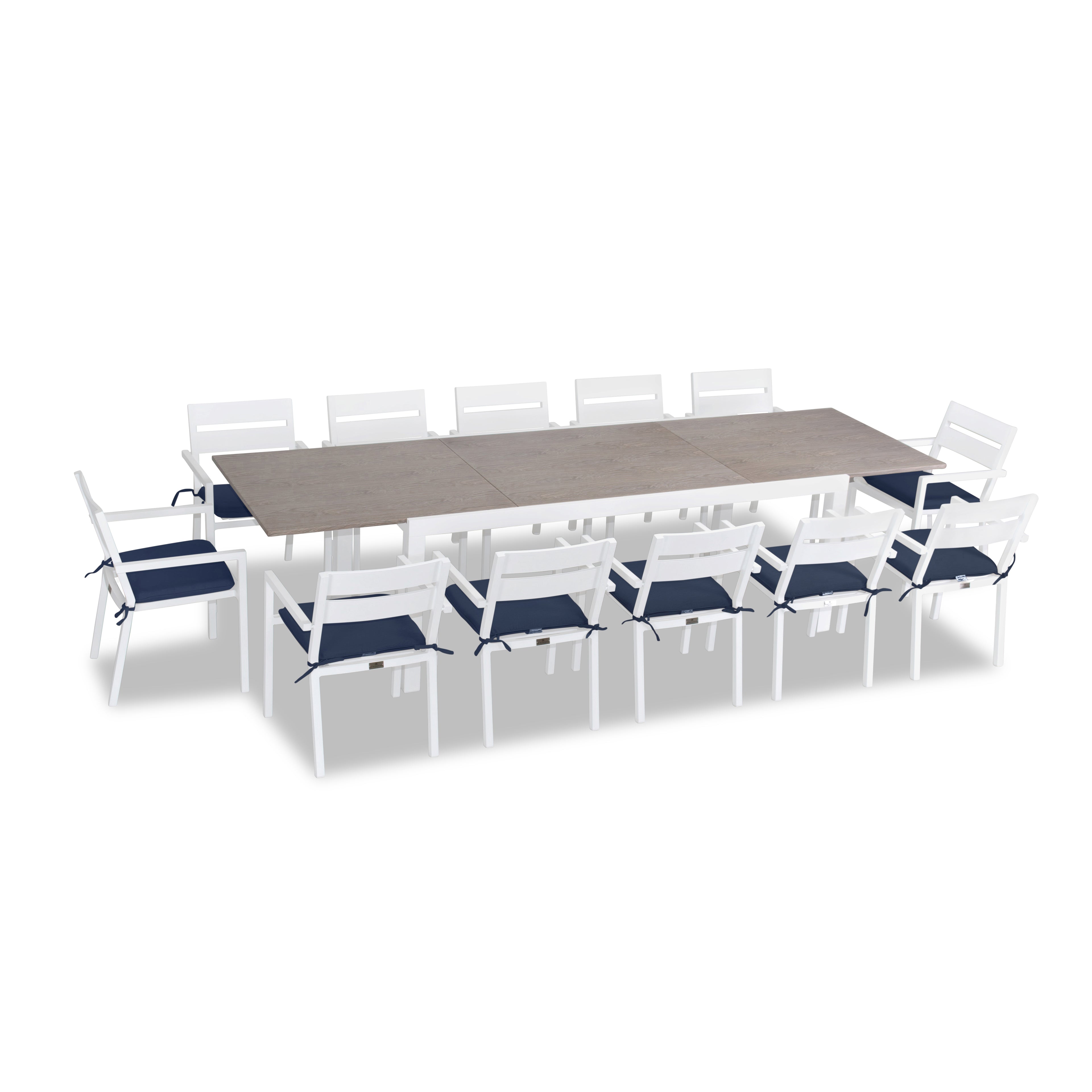 Pacifica 13 Piece Aluminum Extendable Dining Set#Finish_White#Fabric_Spectrum Indigo