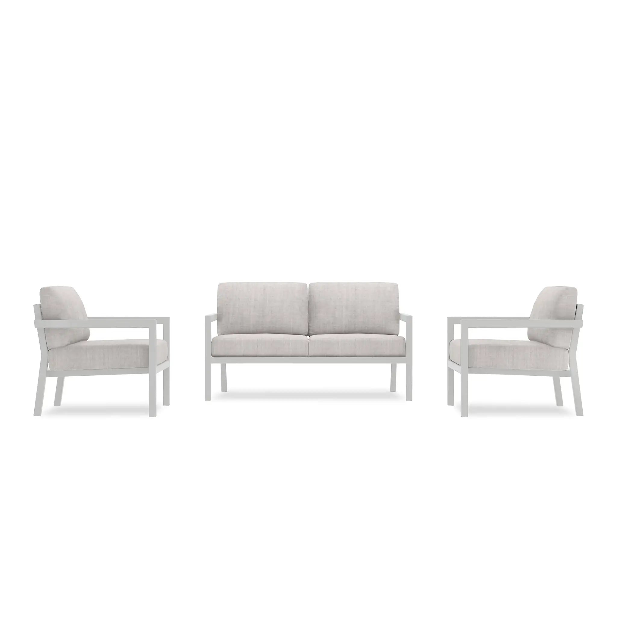 Pacifica 3 Piece Aluminum Loveseat Set#Finish_White#Fabric_Cast Silver