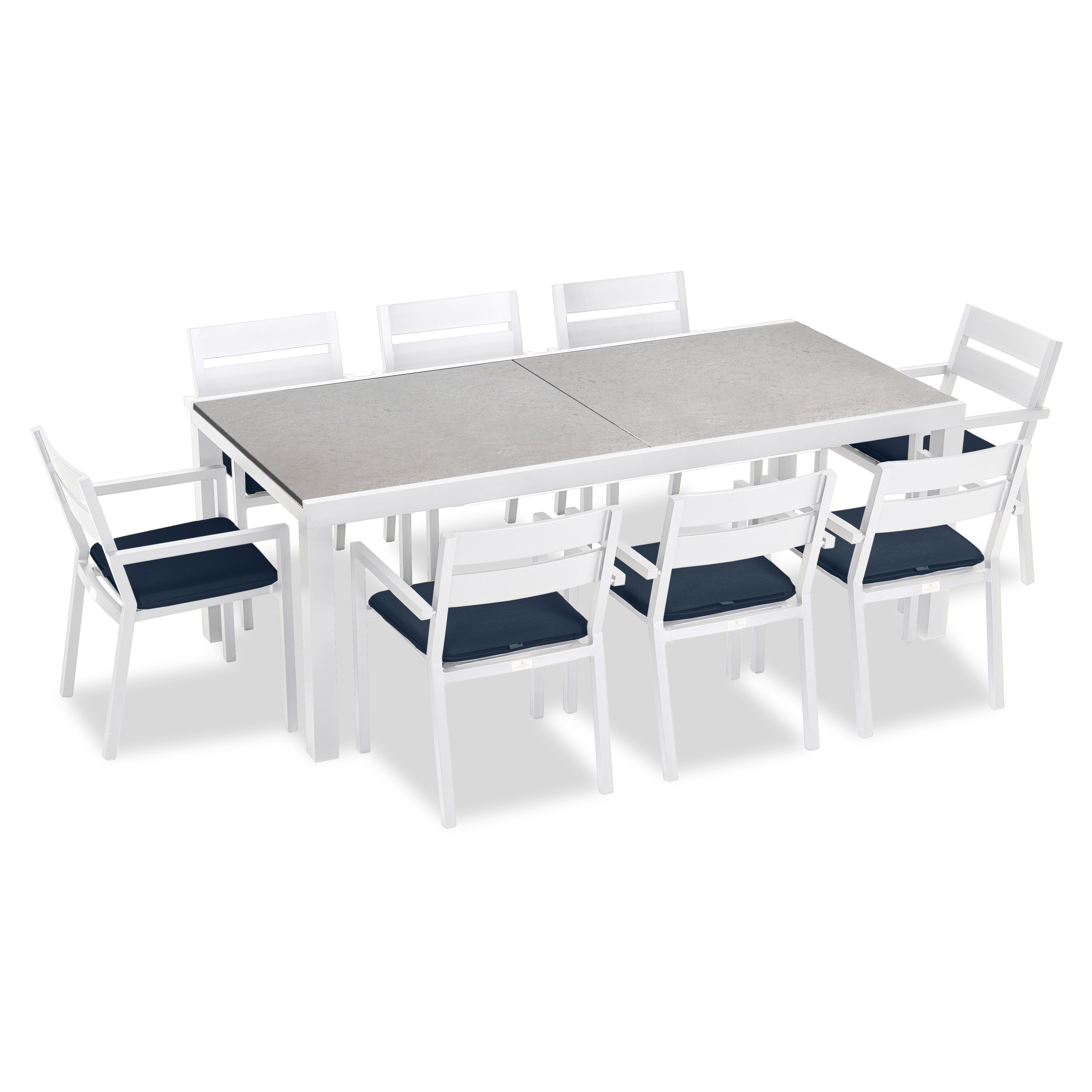 Pacifica 9 Piece Extendable Dining Set#Finish_White#Fabric_Spectrum Indigo