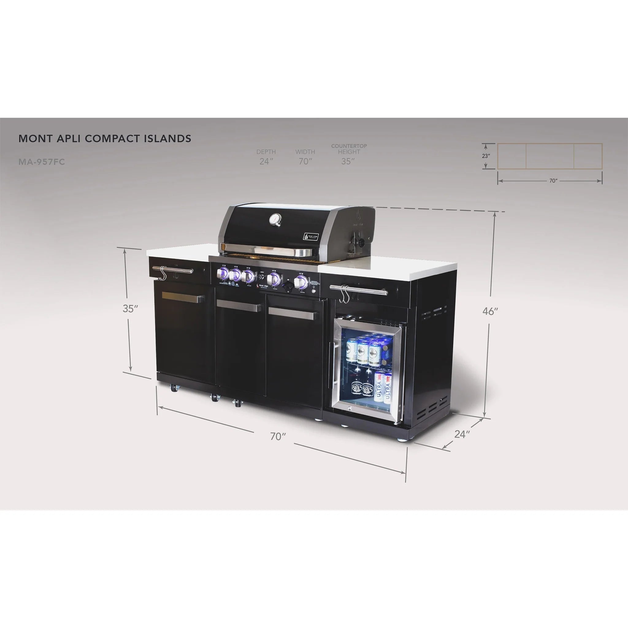 Compact 6 ft. Black Stainless Steel 4-Burner Outdoor Kitchen Island with Refrigerator