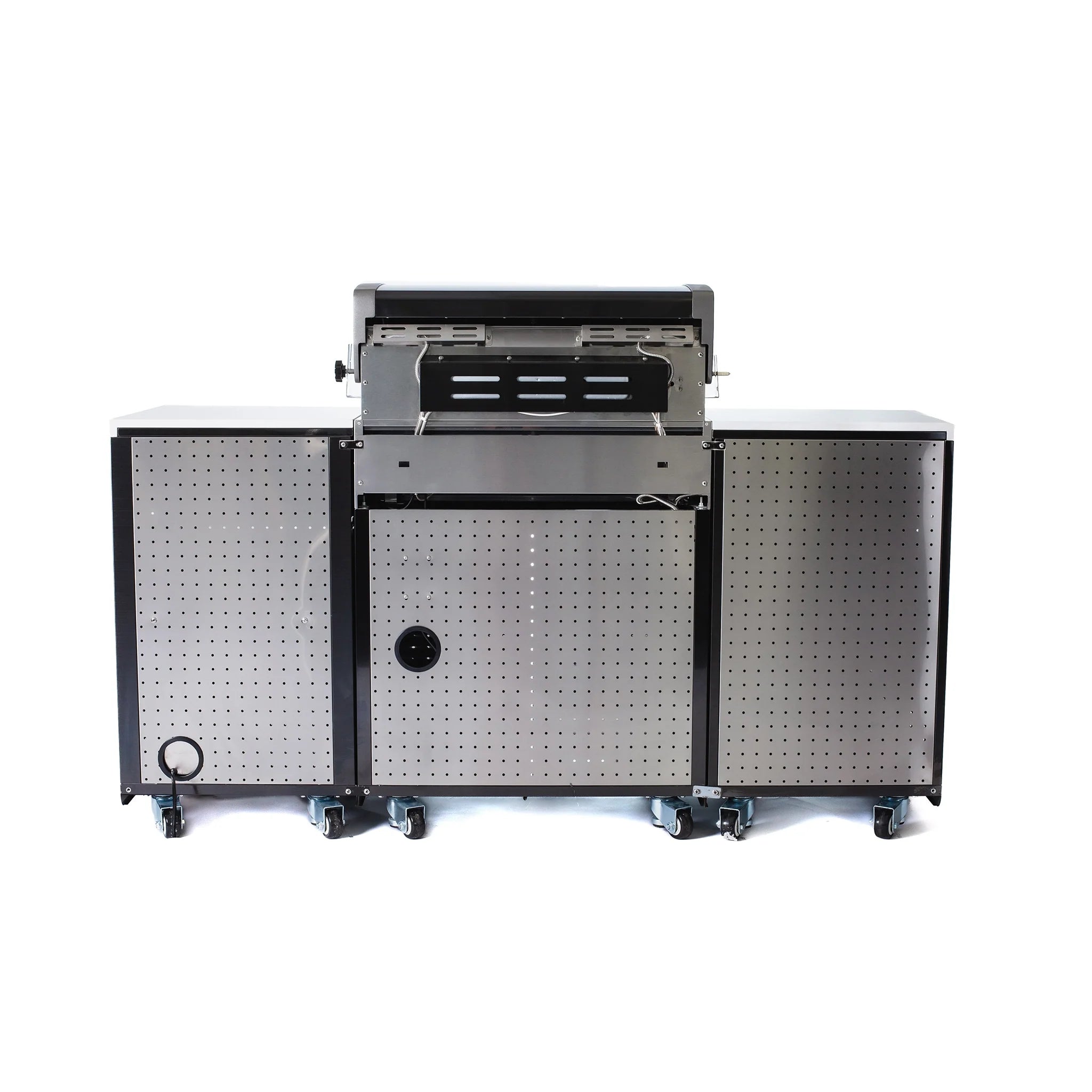 Compact 6 ft. Black Stainless Steel 4-Burner Outdoor Kitchen Island with Refrigerator