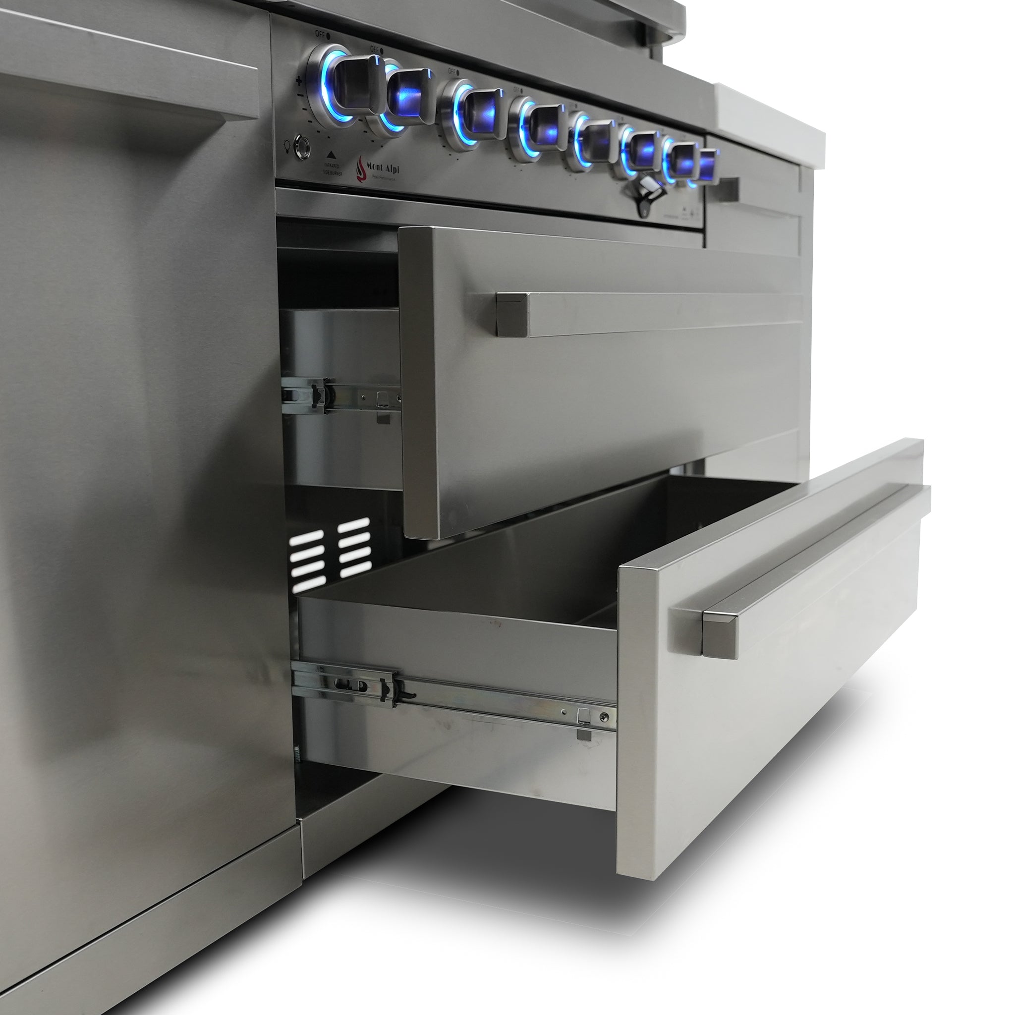 400 Deluxe 10.5 ft. Stainless Steel 4-Burner Outdoor Kitchen Island with 90-Degree Corner and Beverage Center