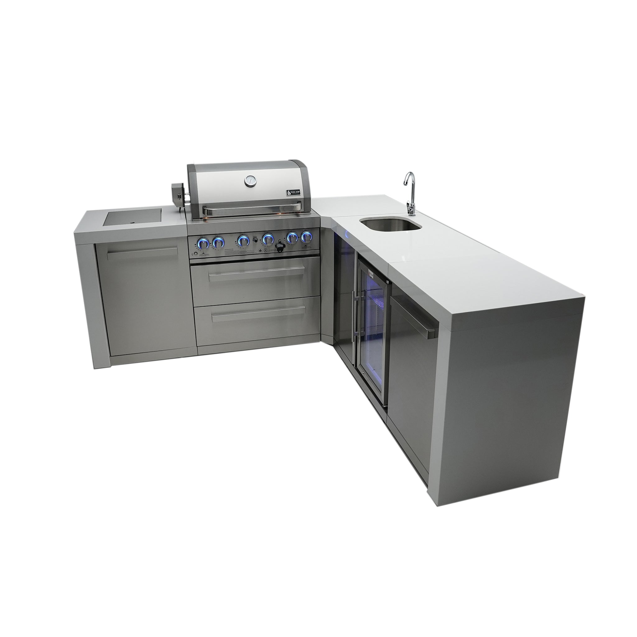 400 Deluxe 10.5 ft. Stainless Steel 4-Burner Outdoor Kitchen Island with 90-Degree Corner and Beverage Center