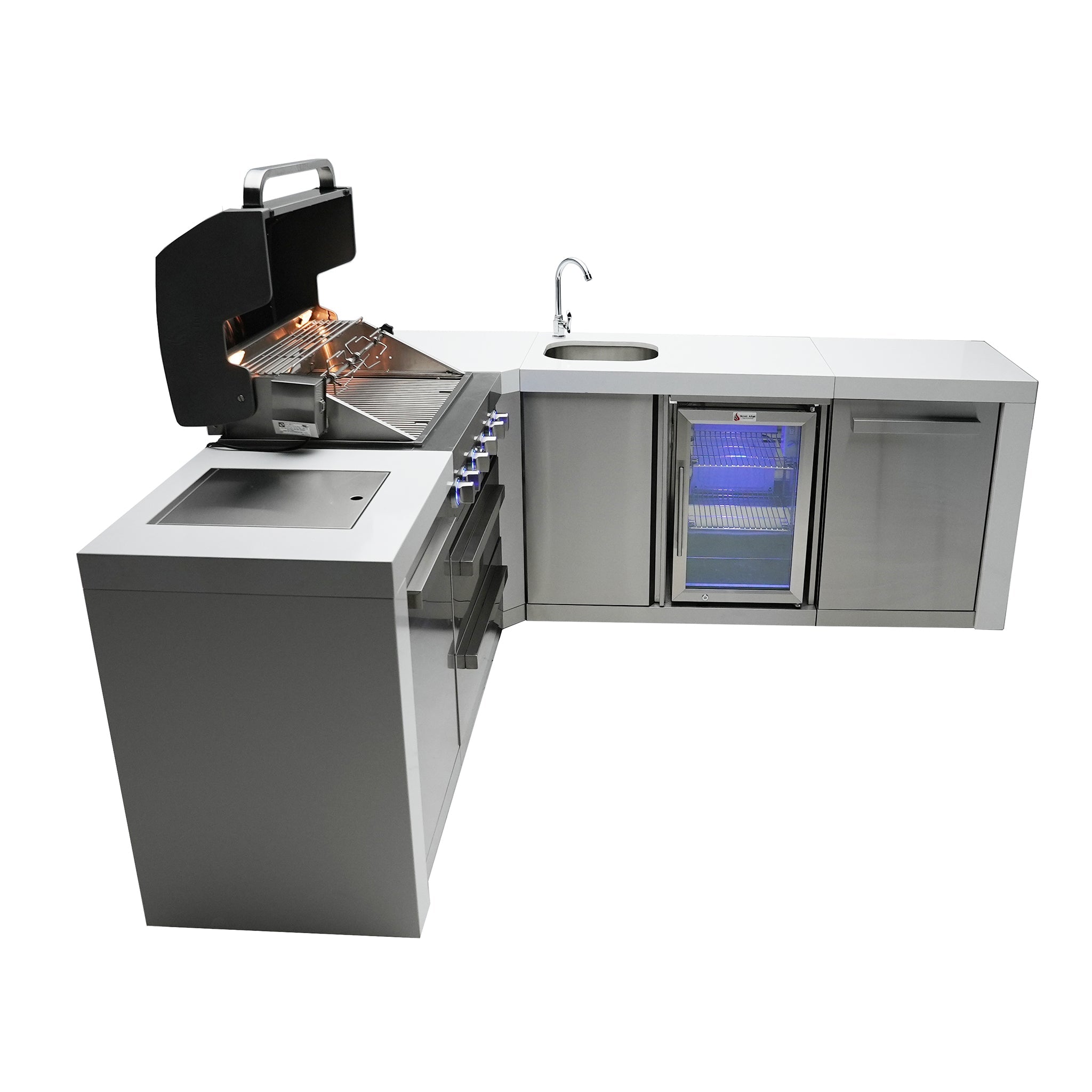 400 Deluxe 10.5 ft. Stainless Steel 4-Burner Outdoor Kitchen Island with 90-Degree Corner and Beverage Center