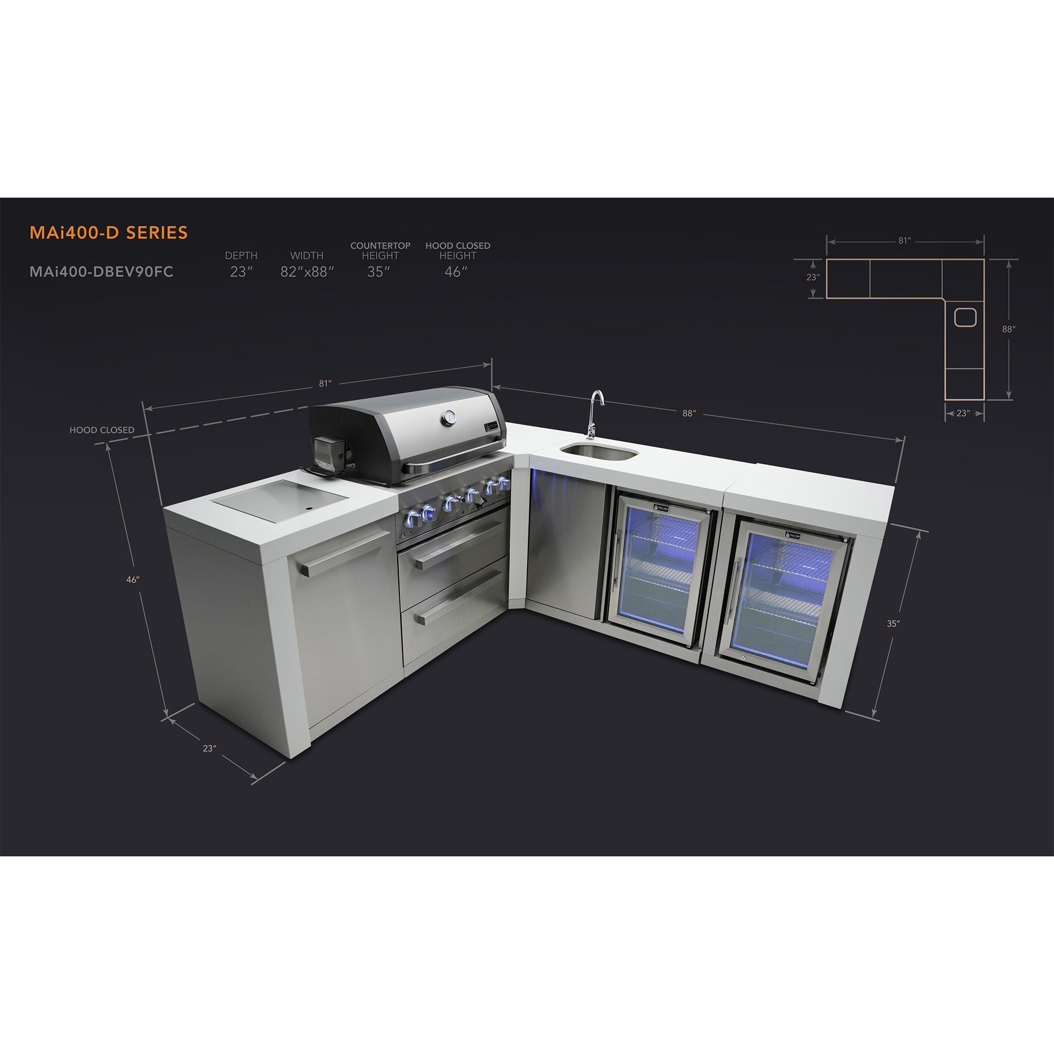 400 Deluxe 10.5 ft. Stainless Steel 4-Burner Outdoor Kitchen Island with 90-Degree Corner Beverage Center and Fridge Cabinet