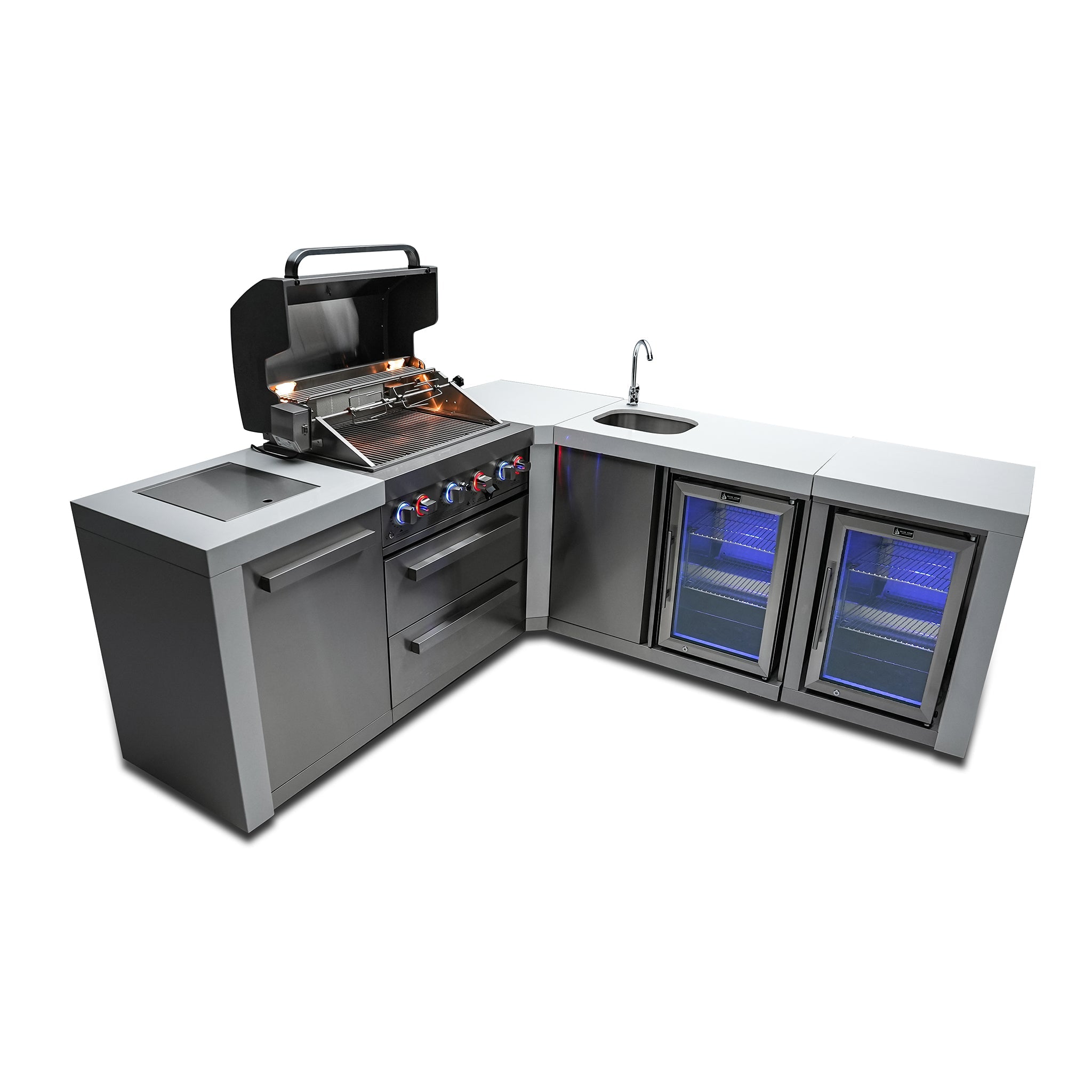 400 Deluxe 10.5 ft. Stainless Steel 4-Burner Outdoor Kitchen Island with 90-Degree Corner Beverage Center and Fridge Cabinet