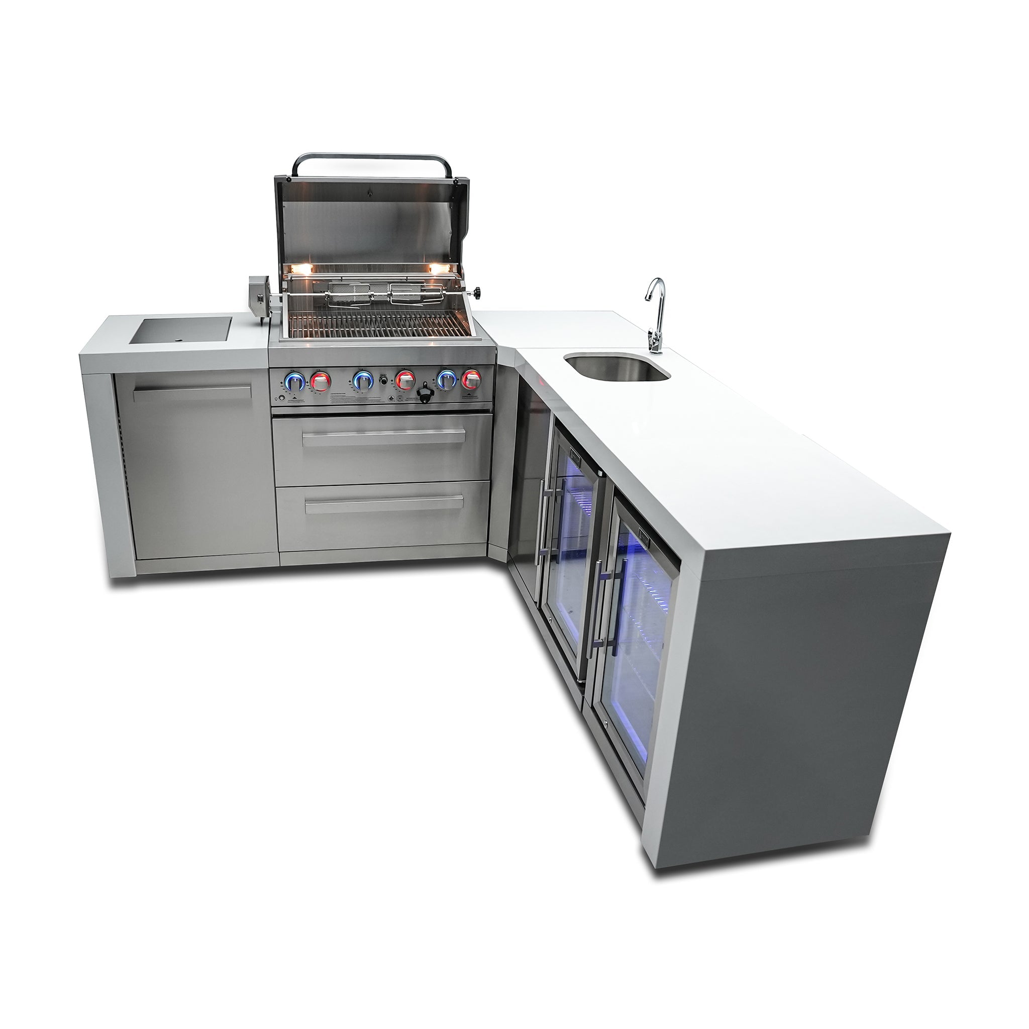 400 Deluxe 10.5 ft. Stainless Steel 4-Burner Outdoor Kitchen Island with 90-Degree Corner Beverage Center and Fridge Cabinet