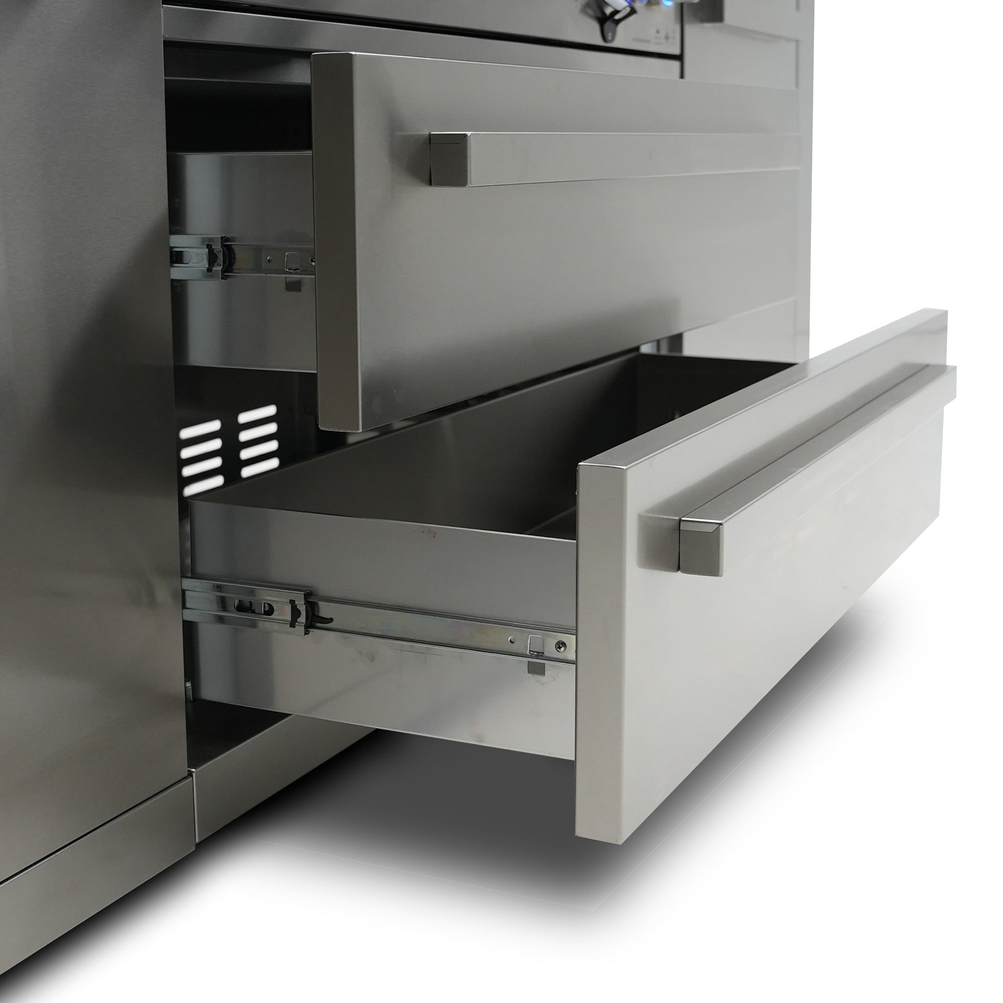 400 Deluxe 7.5 ft. Stainless Steel 4-Burner Outdoor Kitchen Island with 90 Degree Corner and Fridge Cabinet