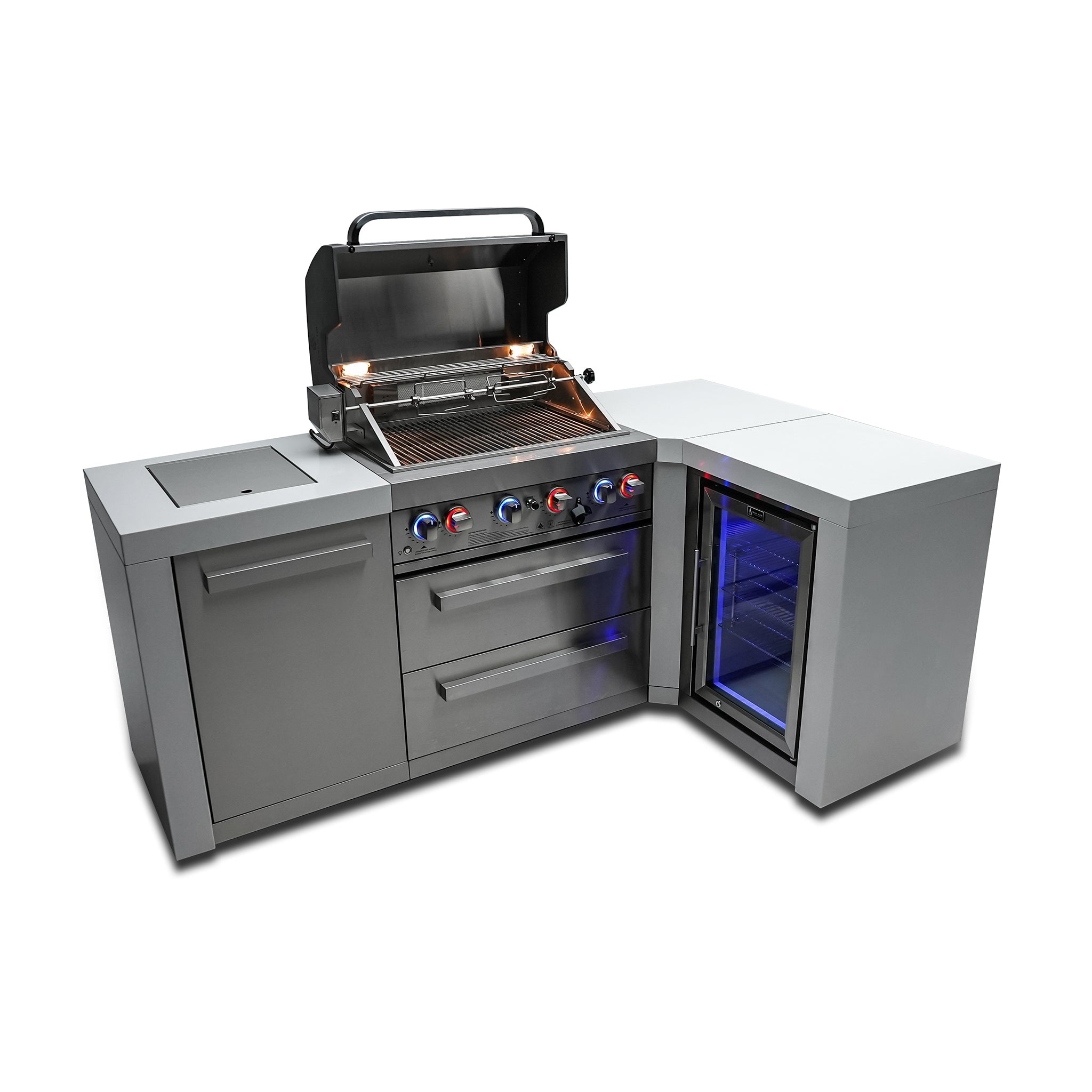 400 Deluxe 7.5 ft. Stainless Steel 4-Burner Outdoor Kitchen Island with 90 Degree Corner and Fridge Cabinet