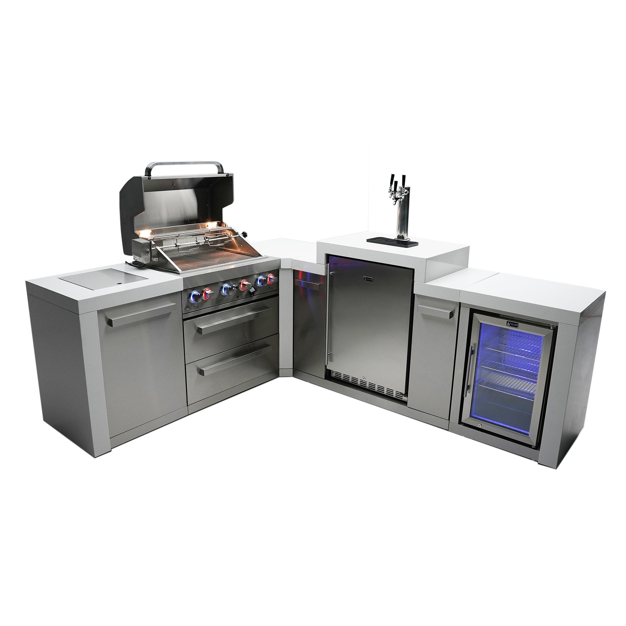 400 Deluxe 7 ft. Stainless Steel 4-Burner Outdoor Kitchen Island with 90-Degree Corner Kegerator and Fridge Cabinet