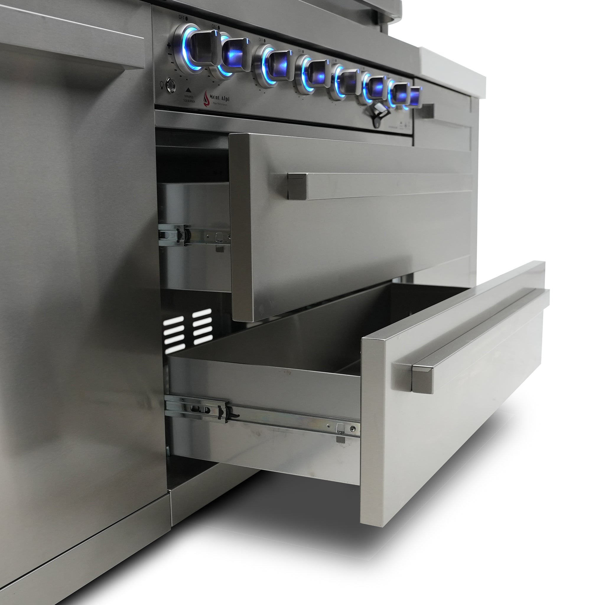 400 Deluxe 10 ft. Stainless Steel 4-Burner Outdoor Kitchen Island with Beverage Center and Fridge Cabinet