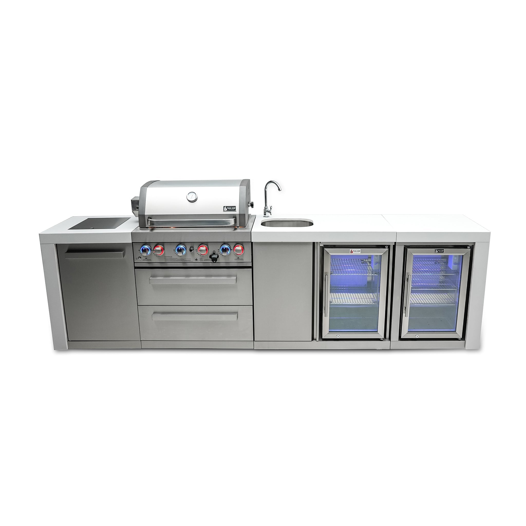 400 Deluxe 10 ft. Stainless Steel 4-Burner Outdoor Kitchen Island with Beverage Center and Fridge Cabinet