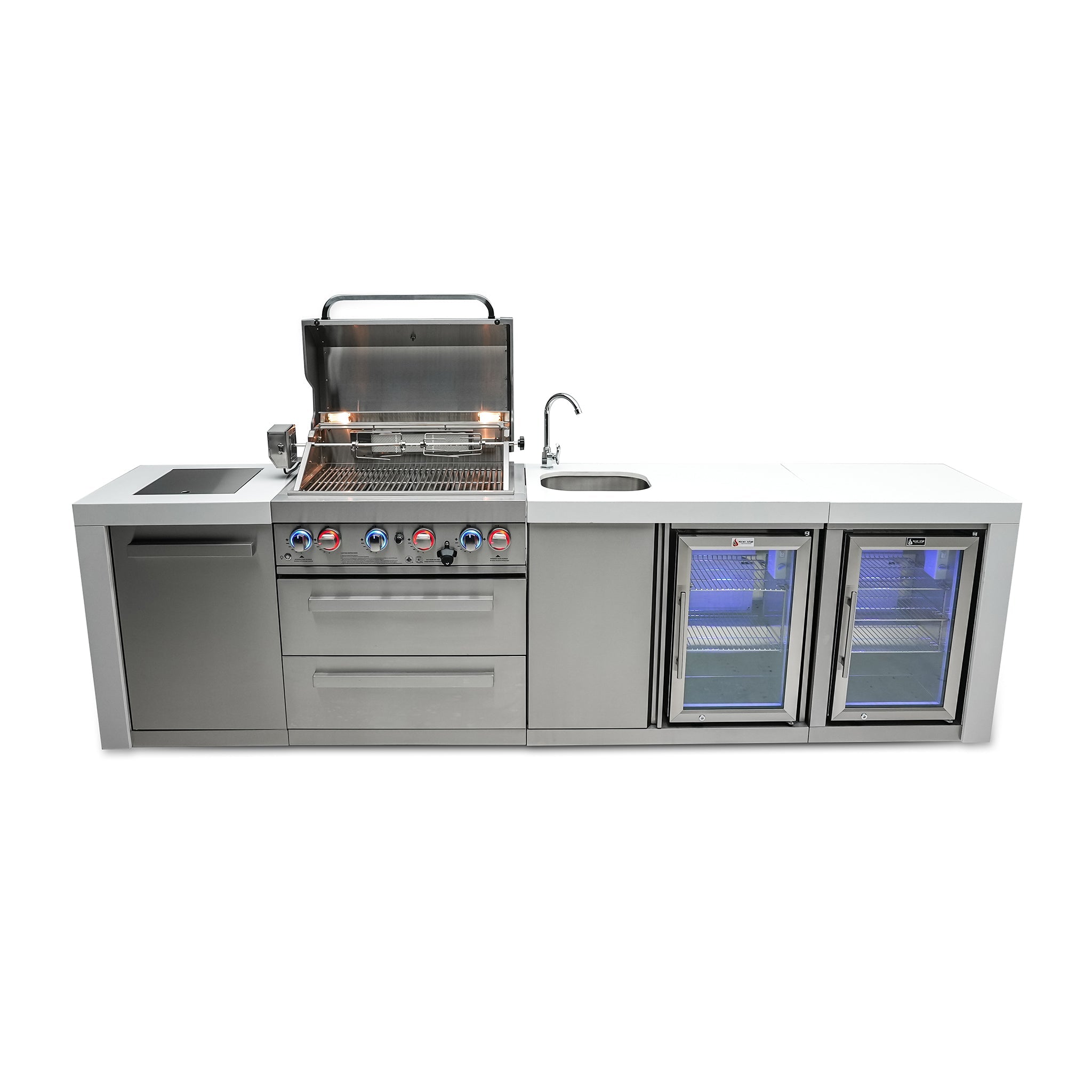 400 Deluxe 10 ft. Stainless Steel 4-Burner Outdoor Kitchen Island with Beverage Center and Fridge Cabinet