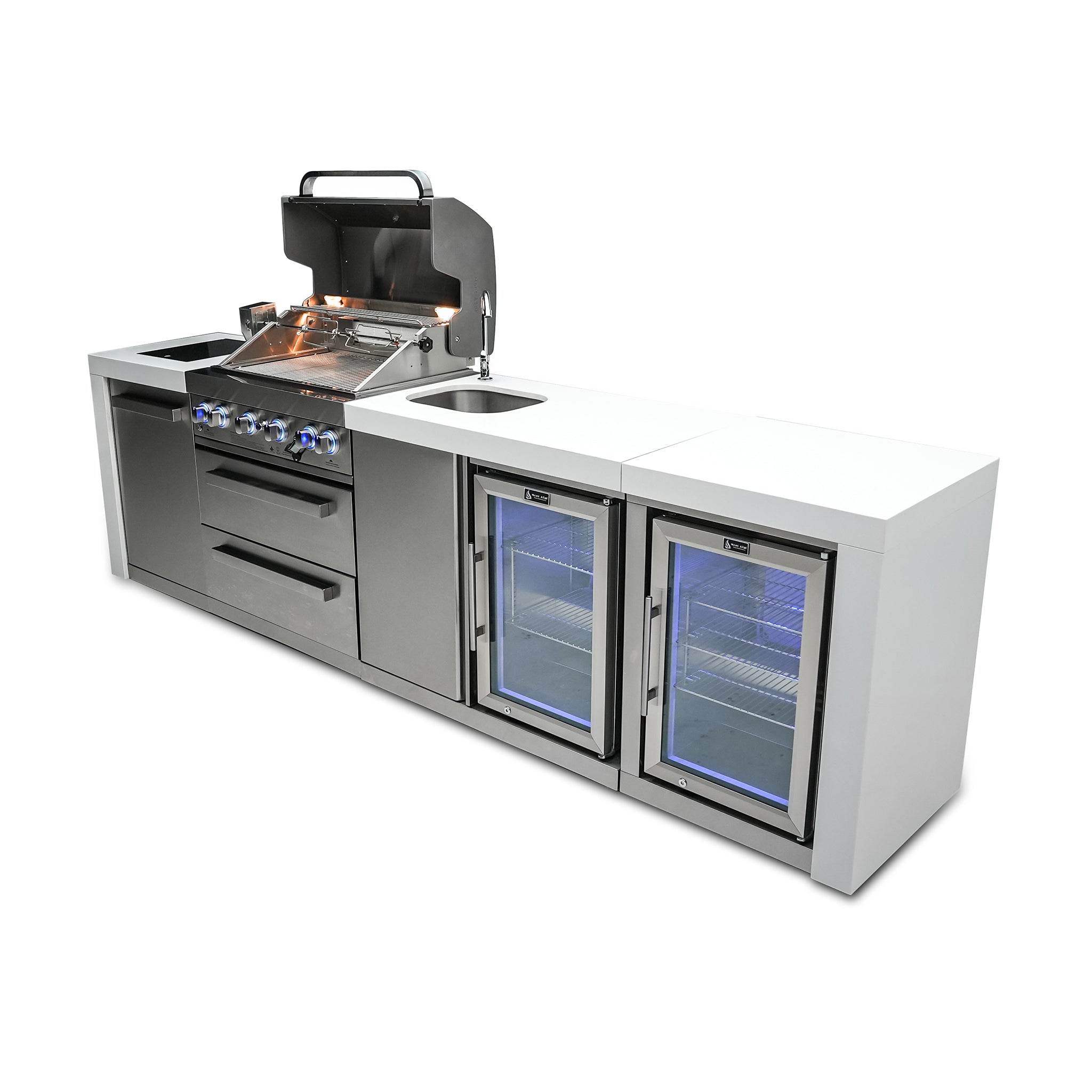 400 Deluxe 10 ft. Stainless Steel 4-Burner Outdoor Kitchen Island with Beverage Center and Fridge Cabinet