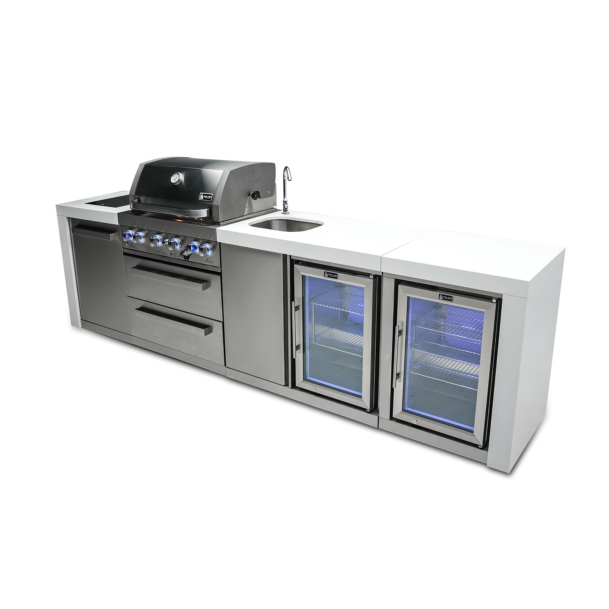 400 Deluxe 10 ft. Stainless Steel 4-Burner Outdoor Kitchen Island with Beverage Center and Fridge Cabinet