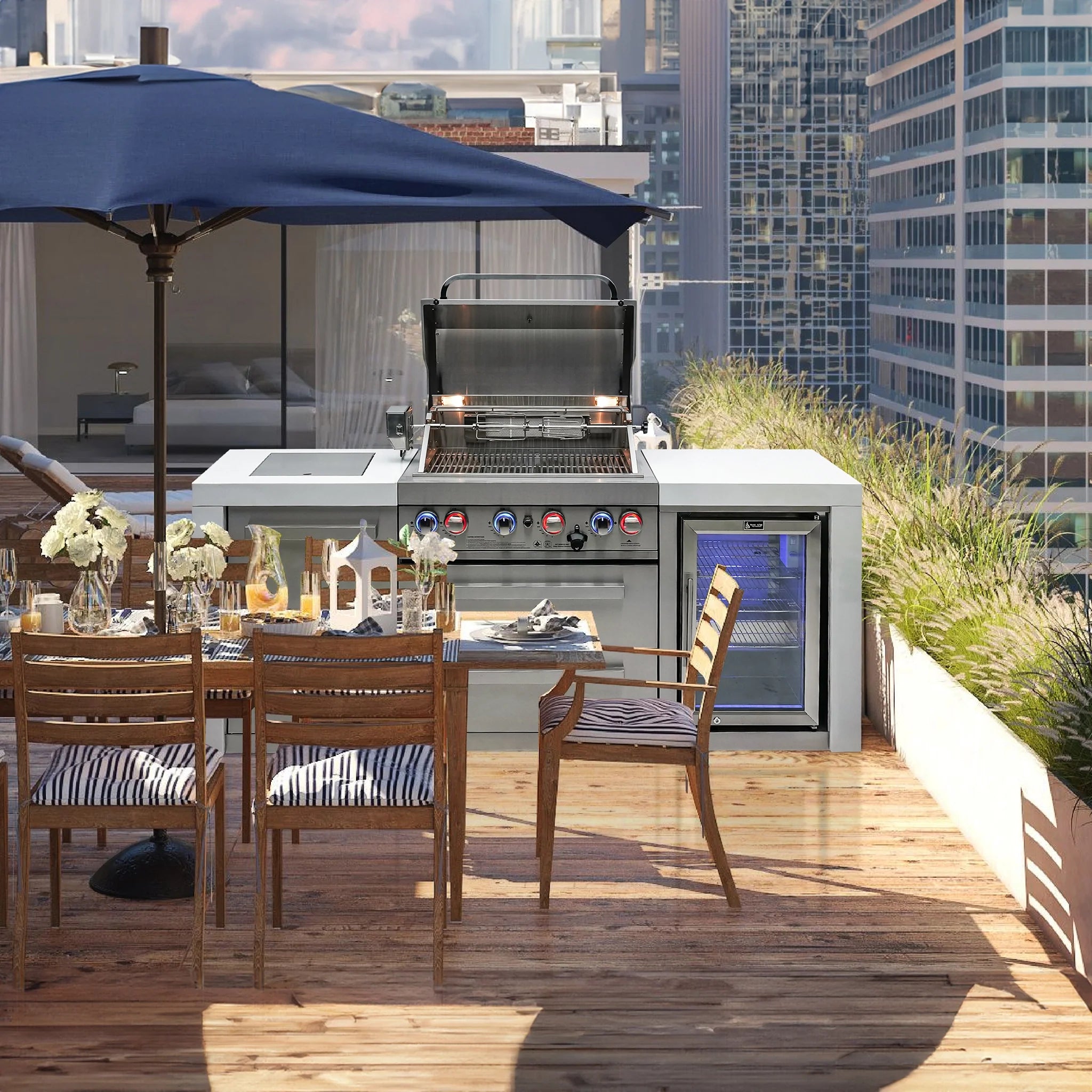 400 Deluxe 7 ft. Stainless Steel 4-Burner Outdoor Kitchen Island with Refrigerator