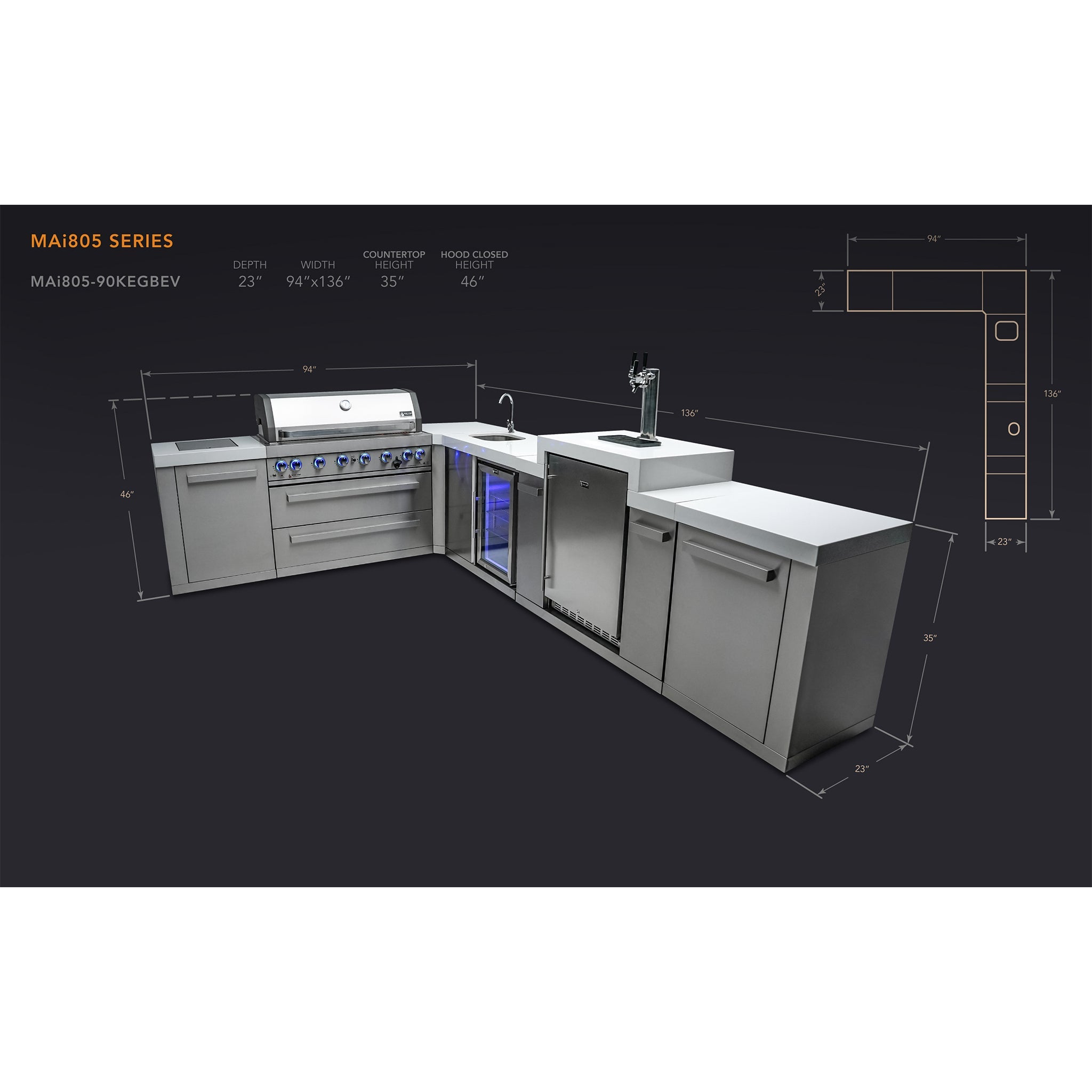 805 Original 8 ft. Stainless Steel 6-Burner Outdoor Kitchen Island with 90-Degree Corner Beverage Center and Fridge Cabinet